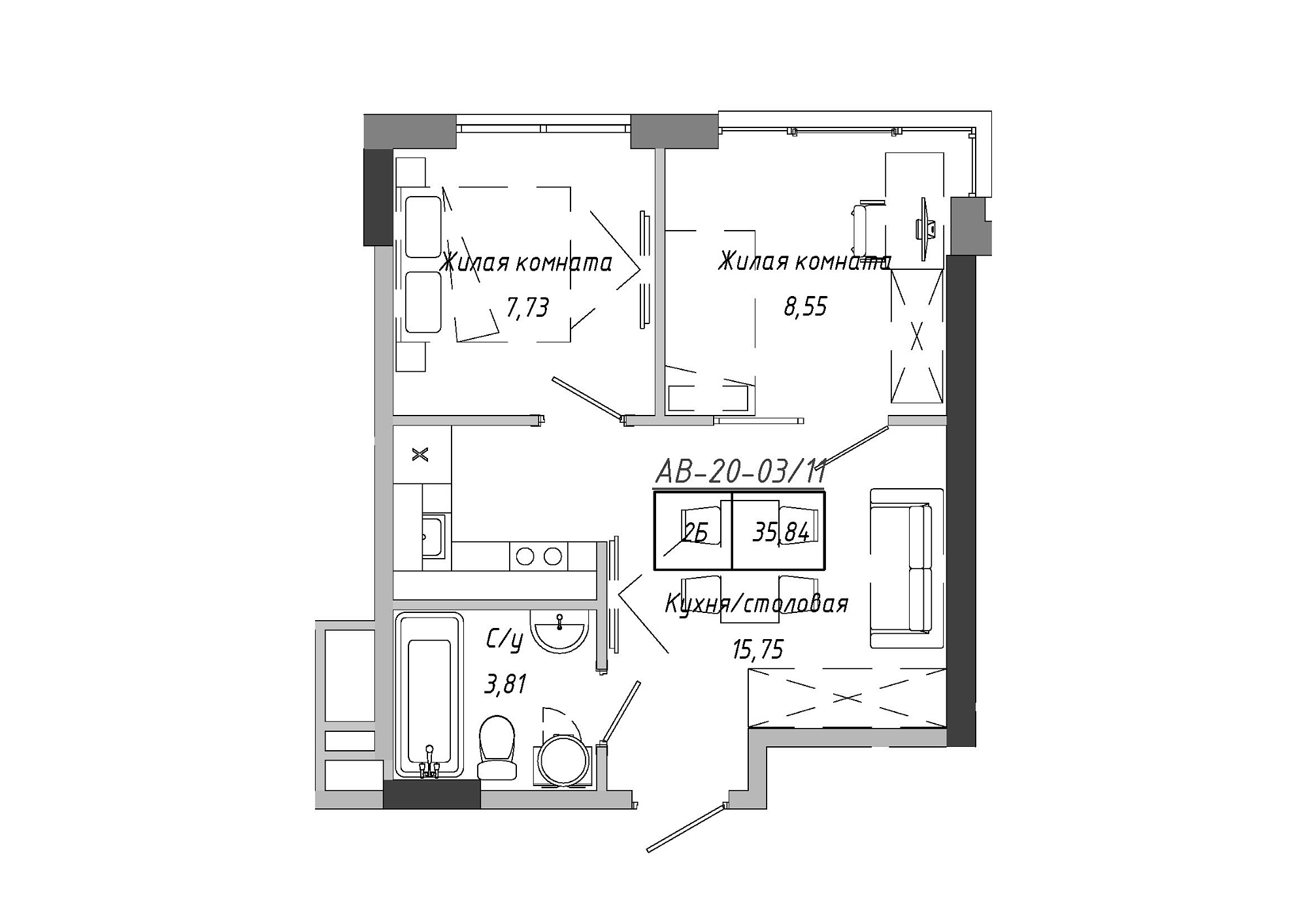Планировка 2-к квартира площей 35.84м2, AB-20-03/00011.