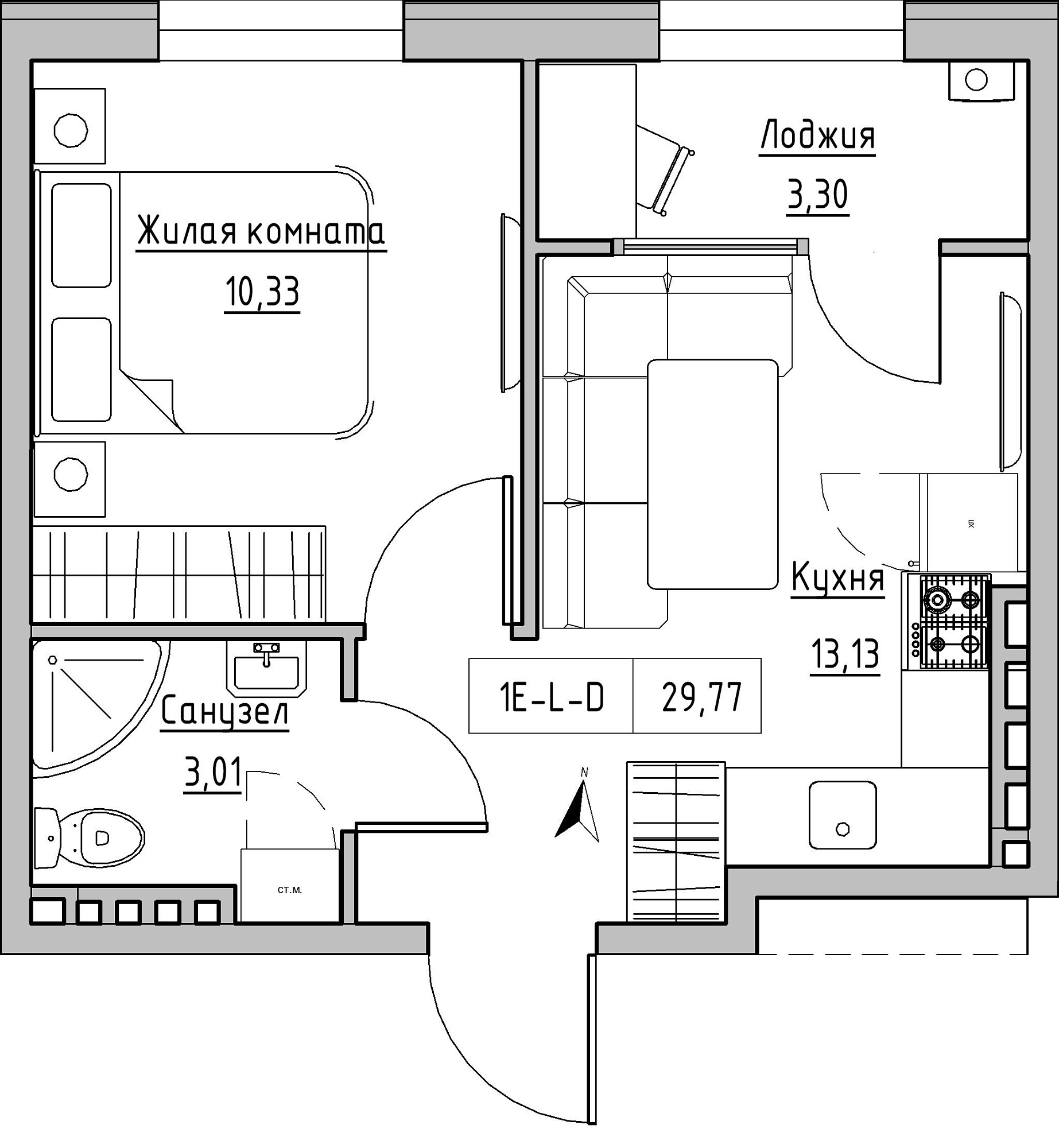 Планування 1-к квартира площею 29.77м2, KS-024-04/0001.