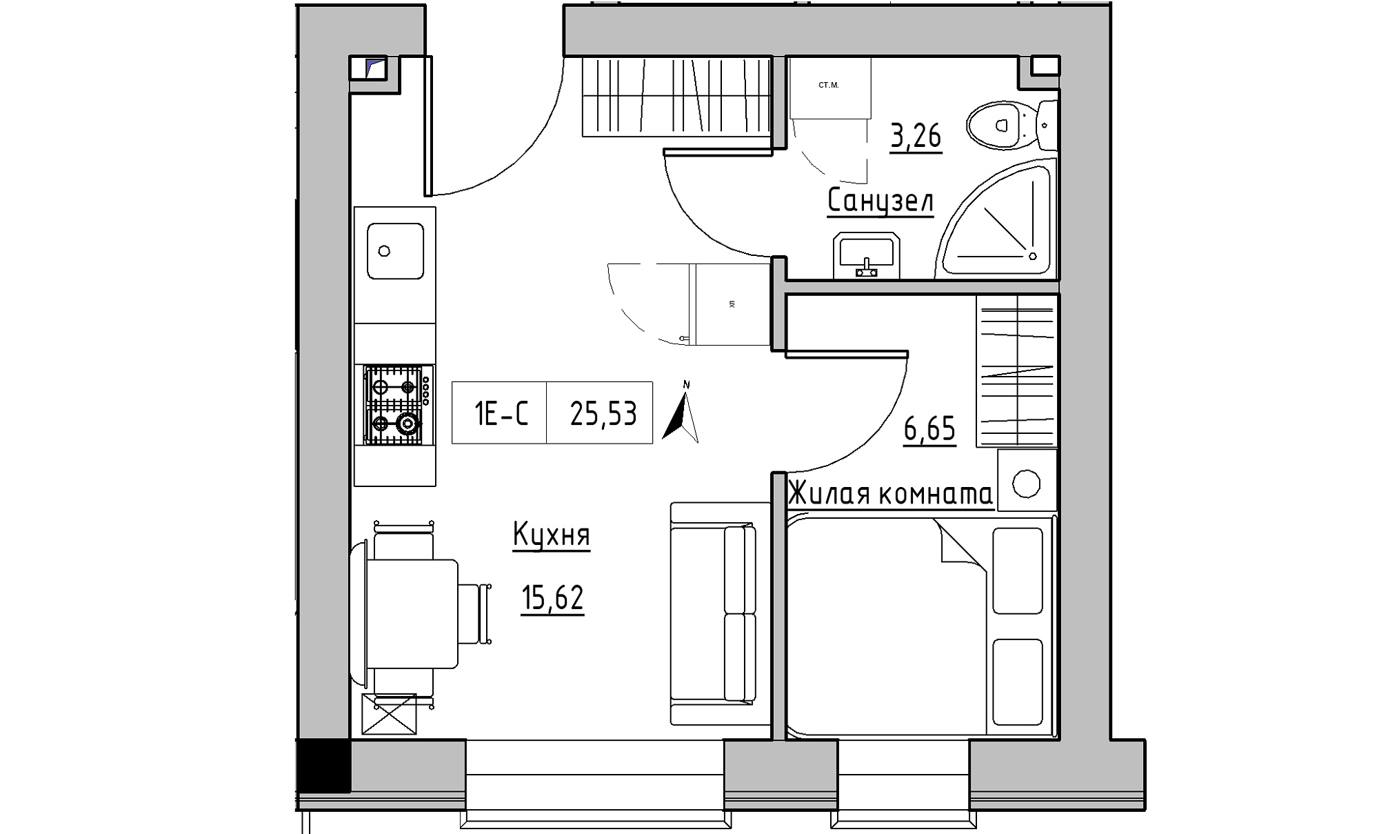 Планировка 1-к квартира площей 25.53м2, KS-016-03/0004.