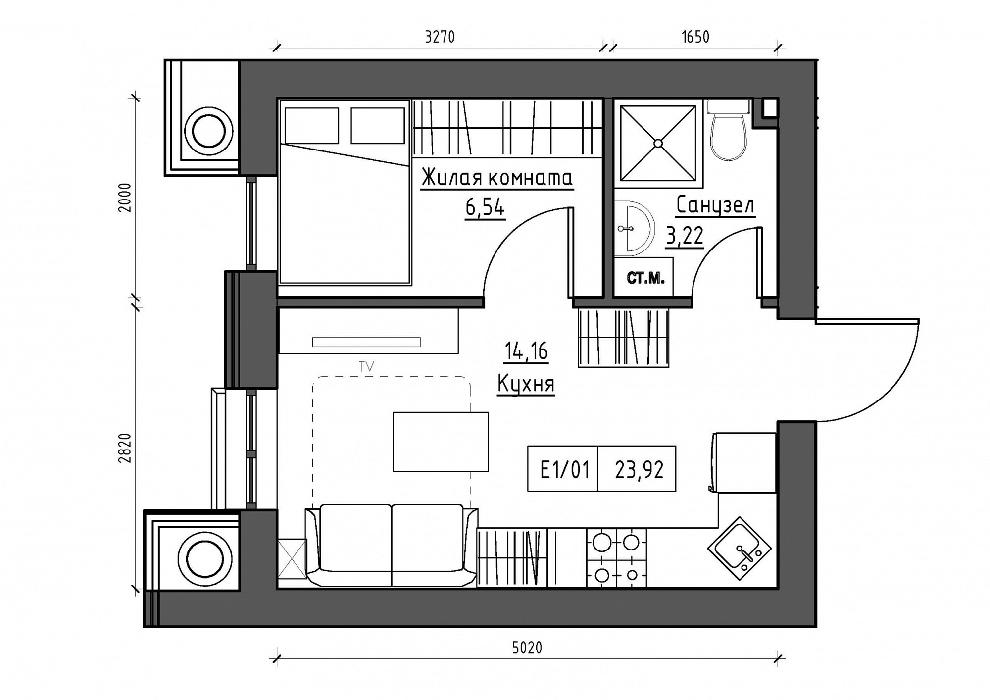 Планировка 1-к квартира площей 23.92м2, KS-012-05/0015.