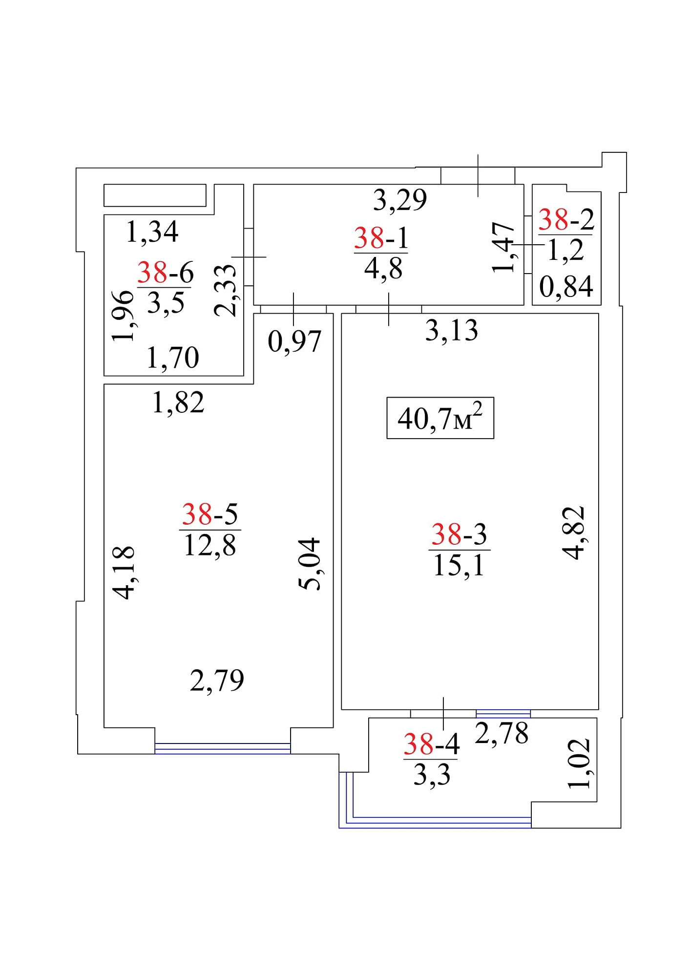 Планировка 1-к квартира площей 40.7м2, AB-01-05/00037.