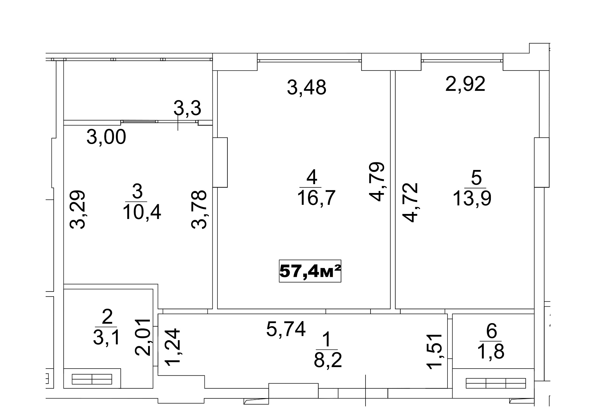 Планировка 2-к квартира площей 57.4м2, AB-13-07/00055.