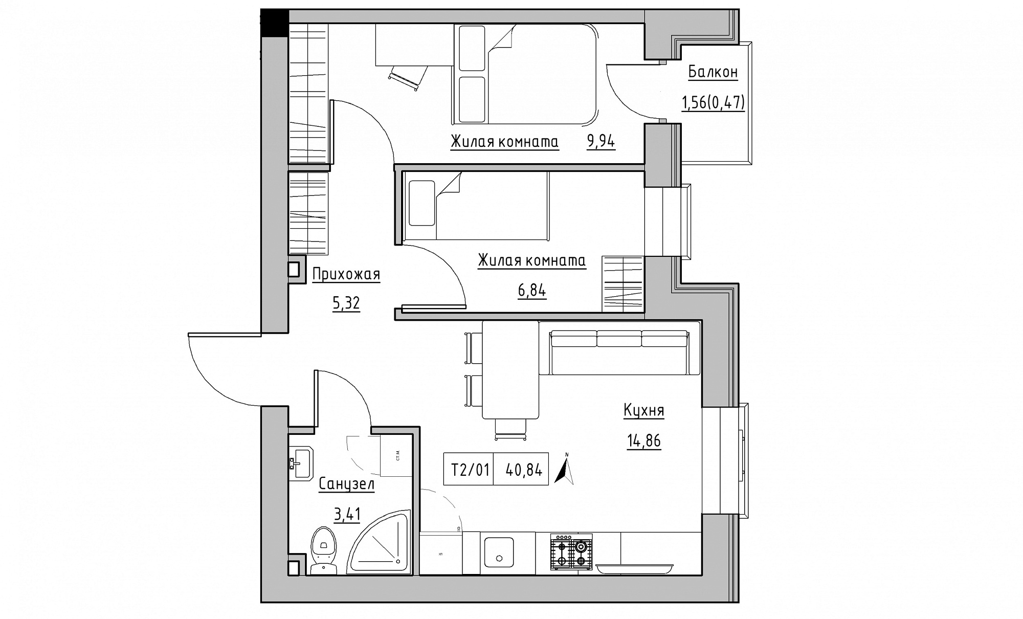 Планировка 2-к квартира площей 40.84м2, KS-015-04/0006.