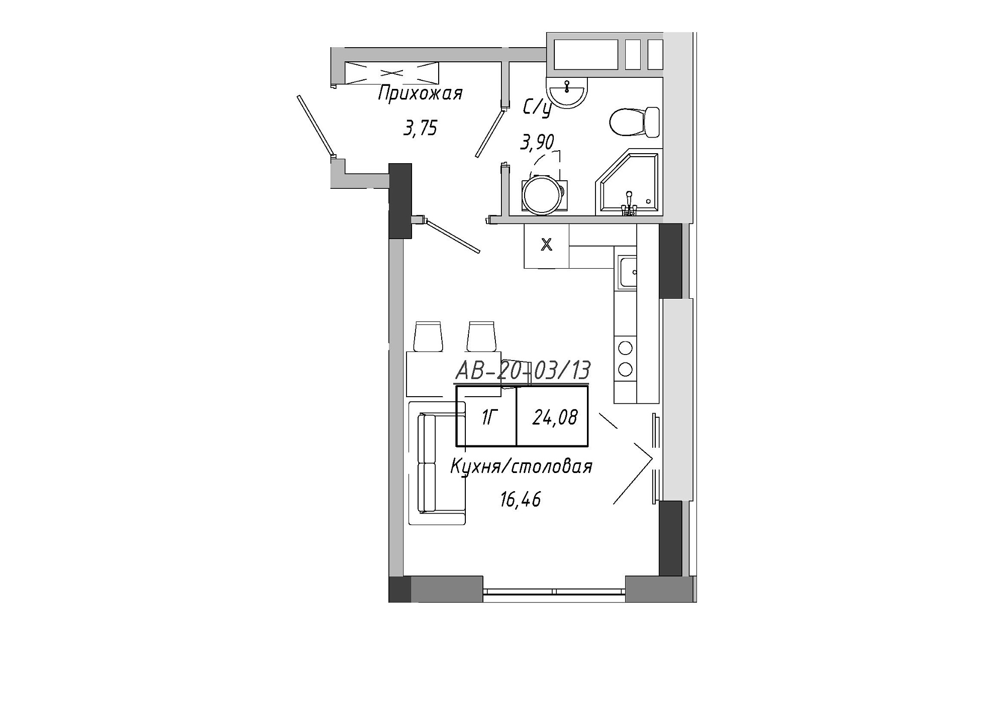 Планування Smart-квартира площею 24.08м2, AB-20-03/00013.