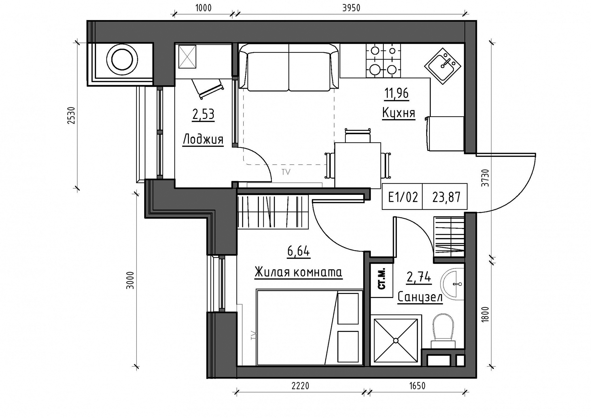 Планування 1-к квартира площею 23.87м2, KS-011-01/0001.