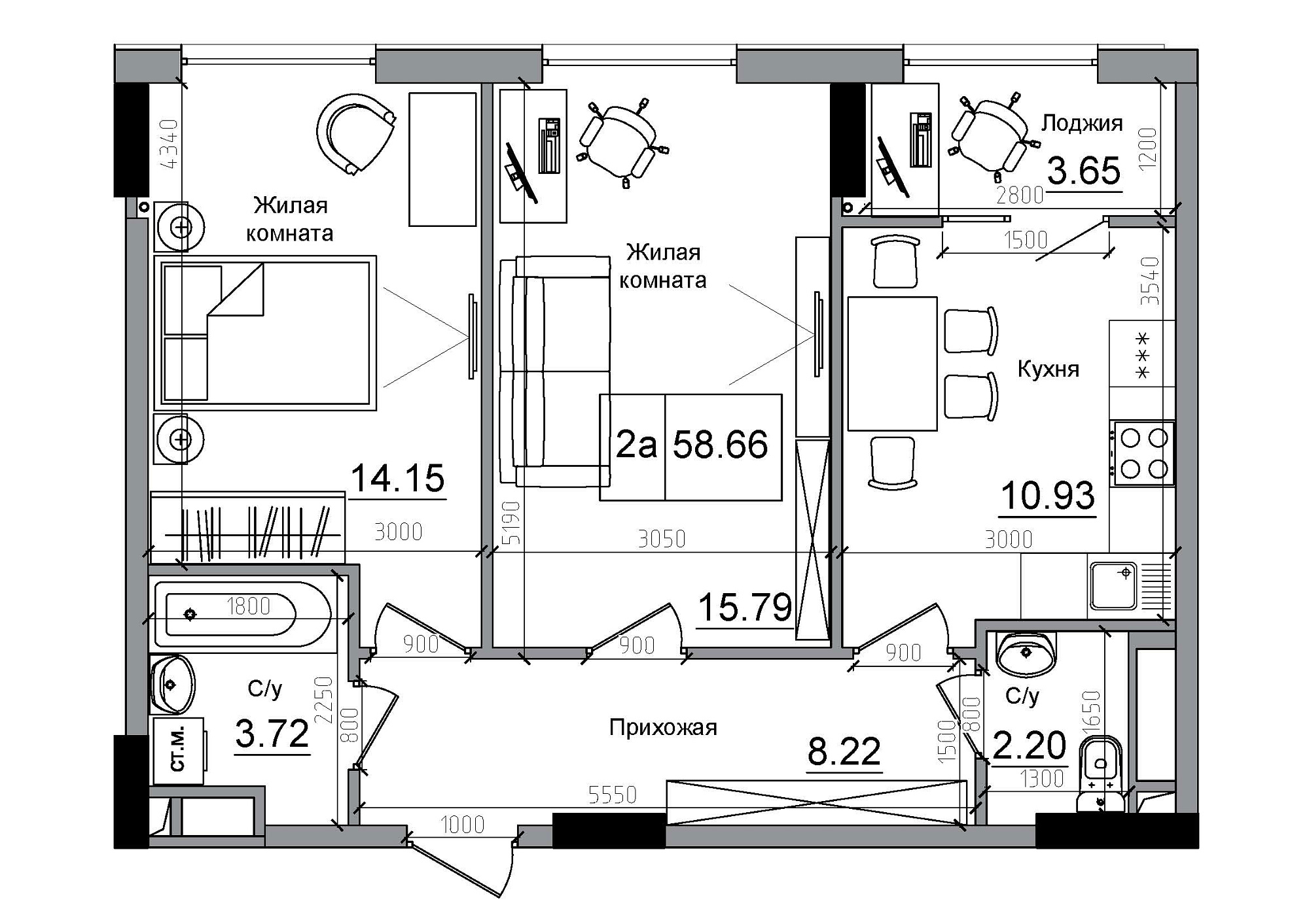 Планування 2-к квартира площею 58.66м2, AB-12-01/00007.
