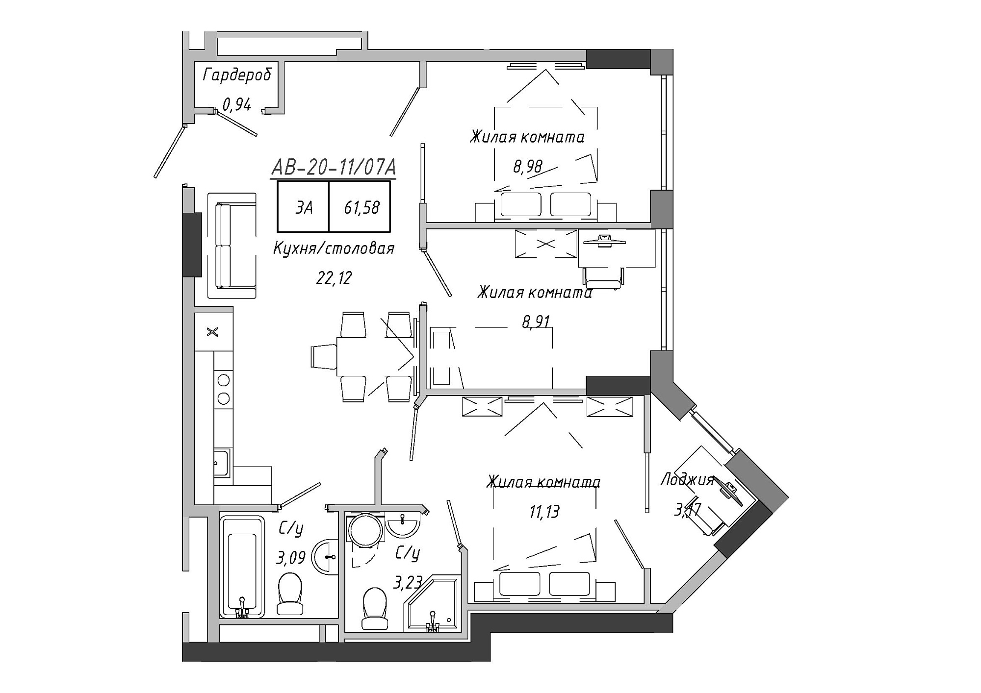 Планировка 3-к квартира площей 62.67м2, AB-20-11/0007а.