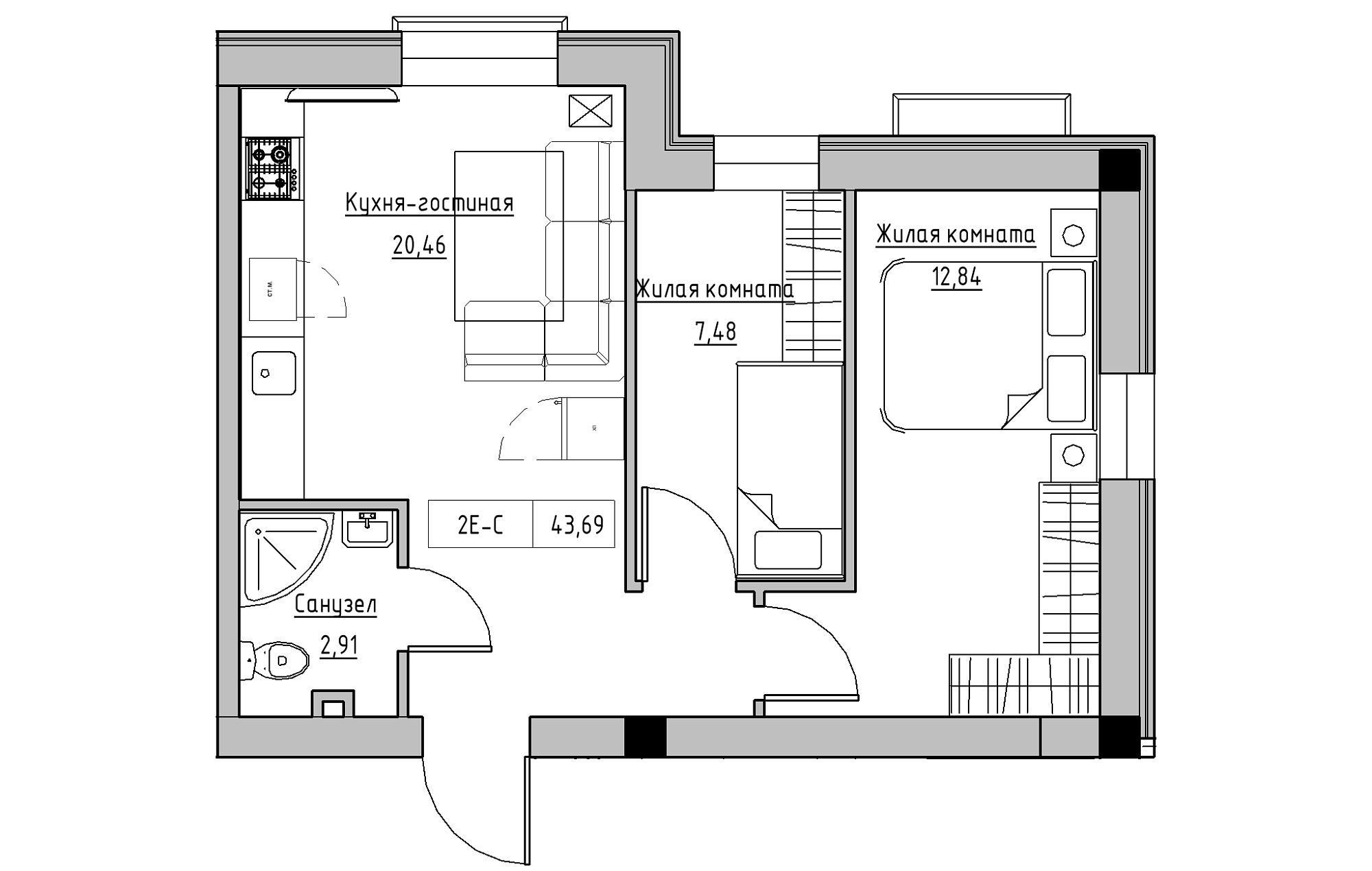 Планировка 2-к квартира площей 43.69м2, KS-018-01/0008.