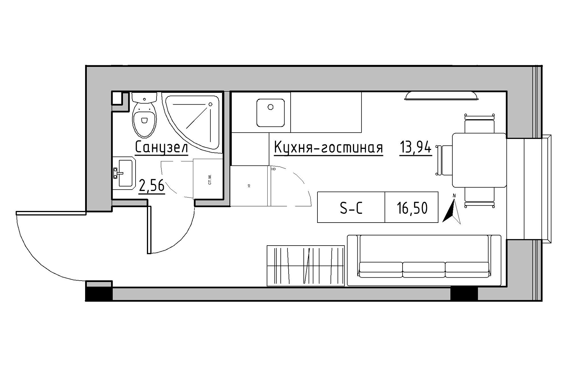 Планировка Smart-квартира площей 16.5м2, KS-019-02/0005.