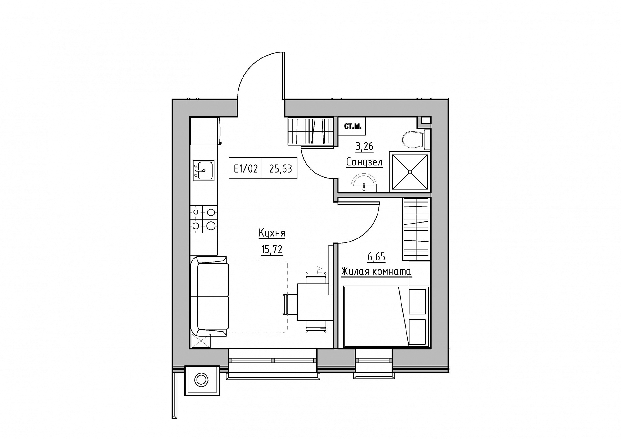 Планировка 1-к квартира площей 25.63м2, KS-012-04/0004.