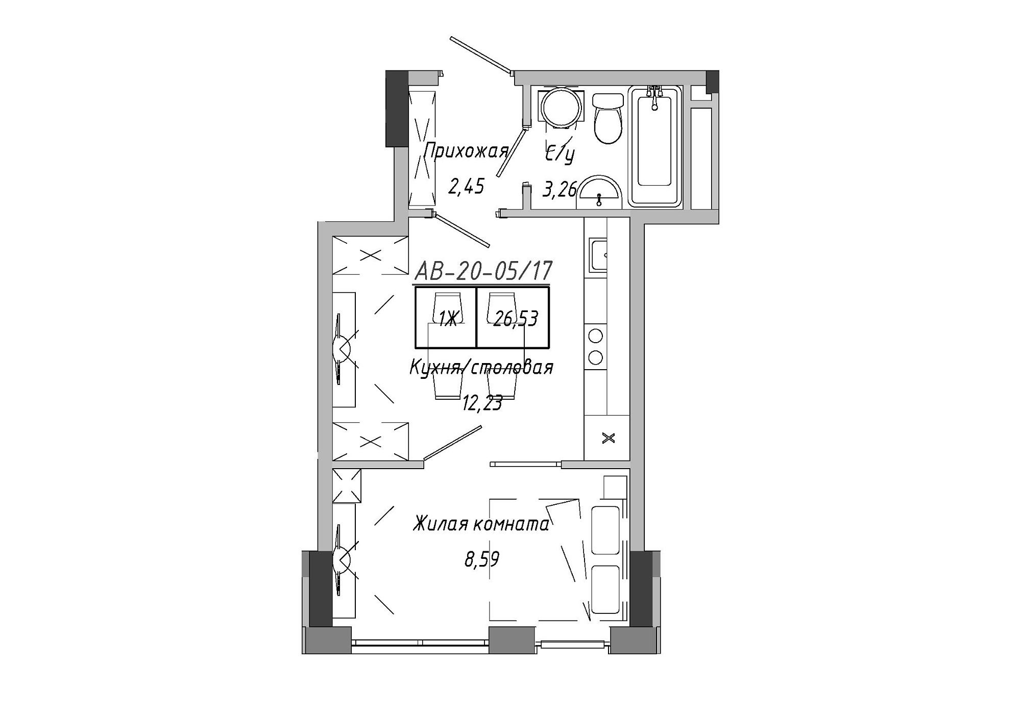 Планування 1-к квартира площею 26.98м2, AB-20-05/00017.