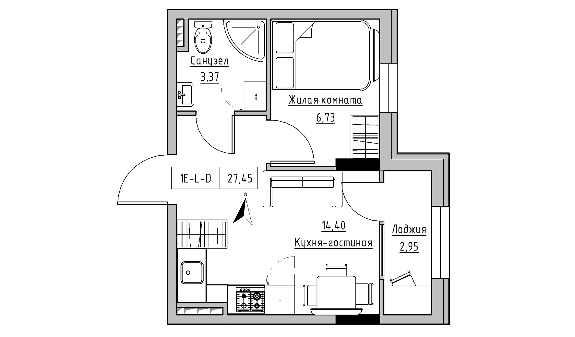 Планировка 1-к квартира площей 27.45м2, KS-025-03/0001.