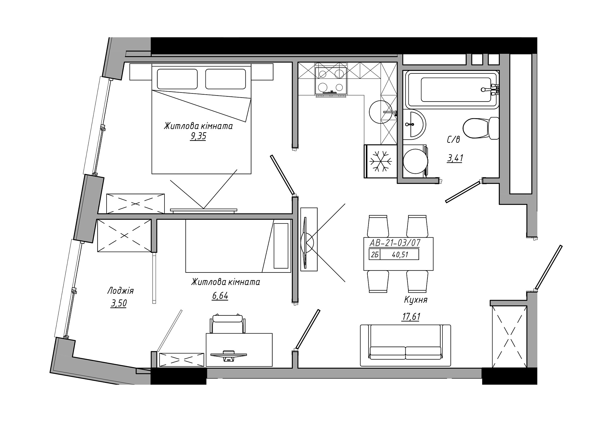 Планування 2-к квартира площею 40.51м2, AB-21-03/00007.