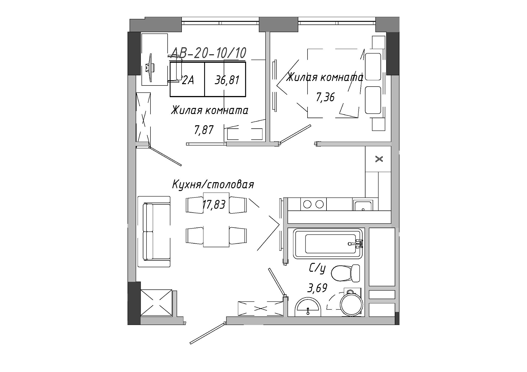 Планировка 2-к квартира площей 37.15м2, AB-20-10/00010.