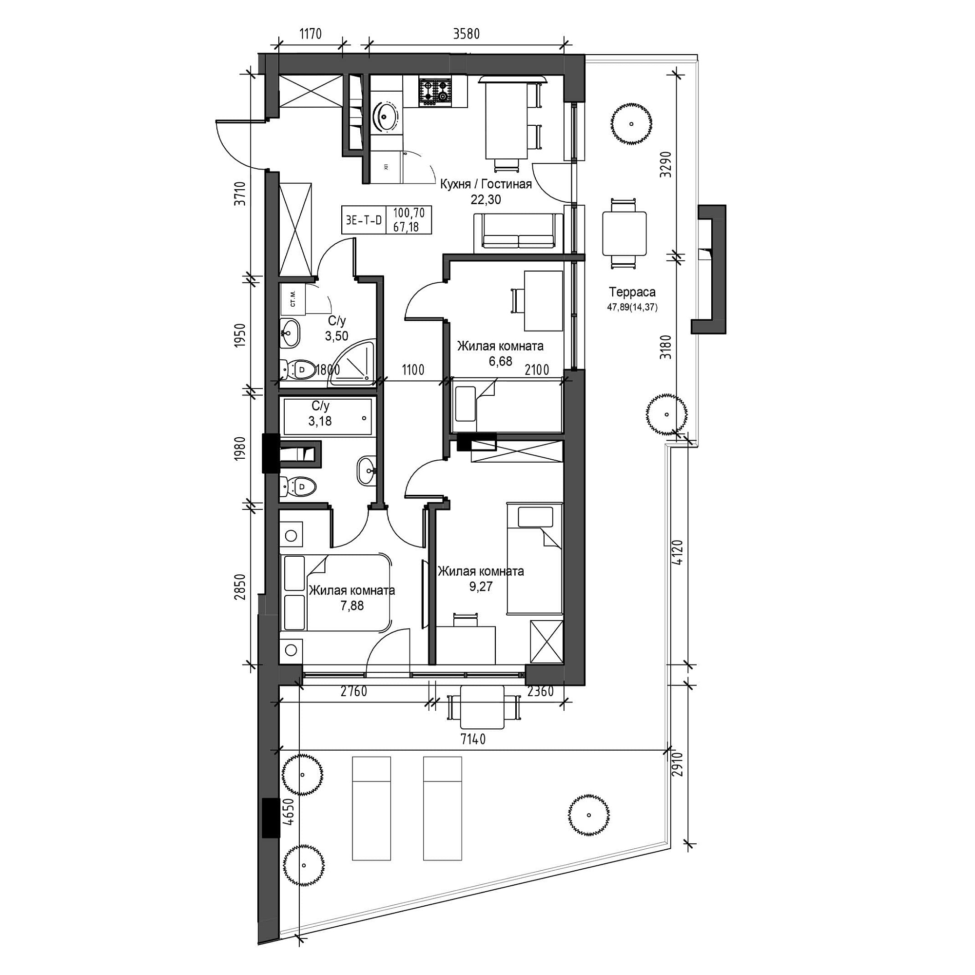 Планування 3-к квартира площею 67.18м2, UM-001-07/0004.