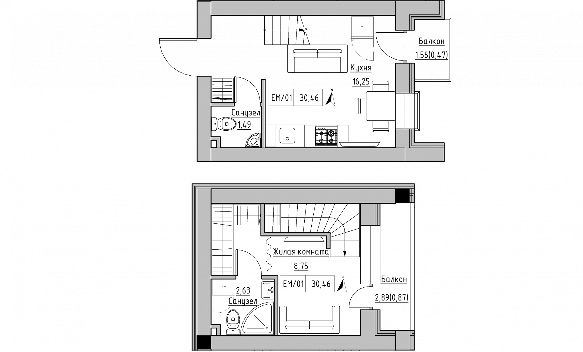 Planning 2-lvl flats area 30.46m2, KS-015-05/0006.