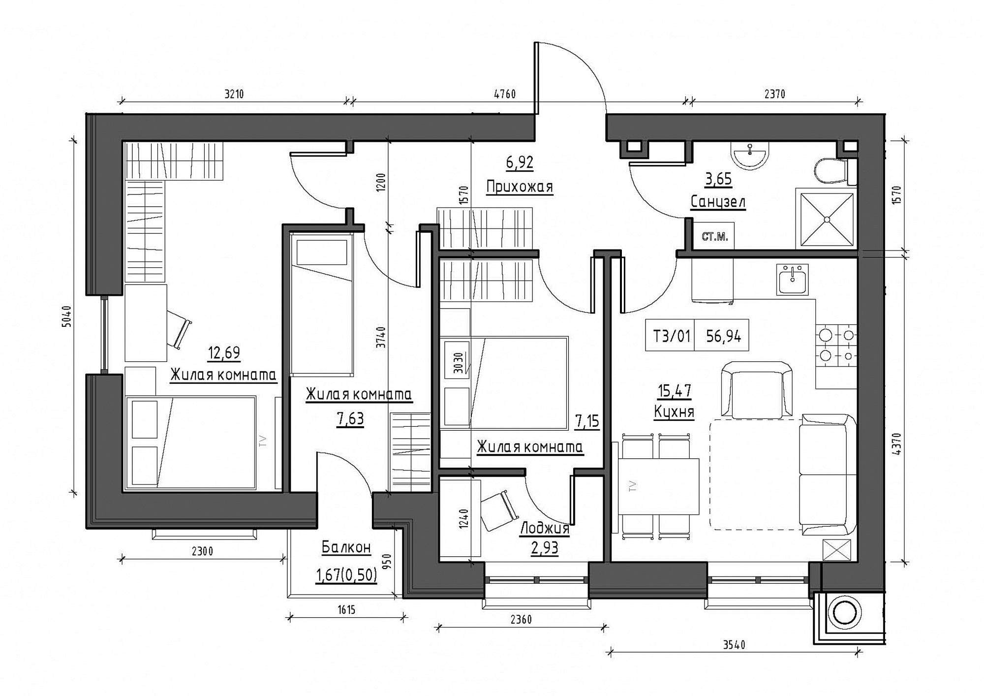 Планування 3-к квартира площею 56.94м2, KS-012-04/0008.
