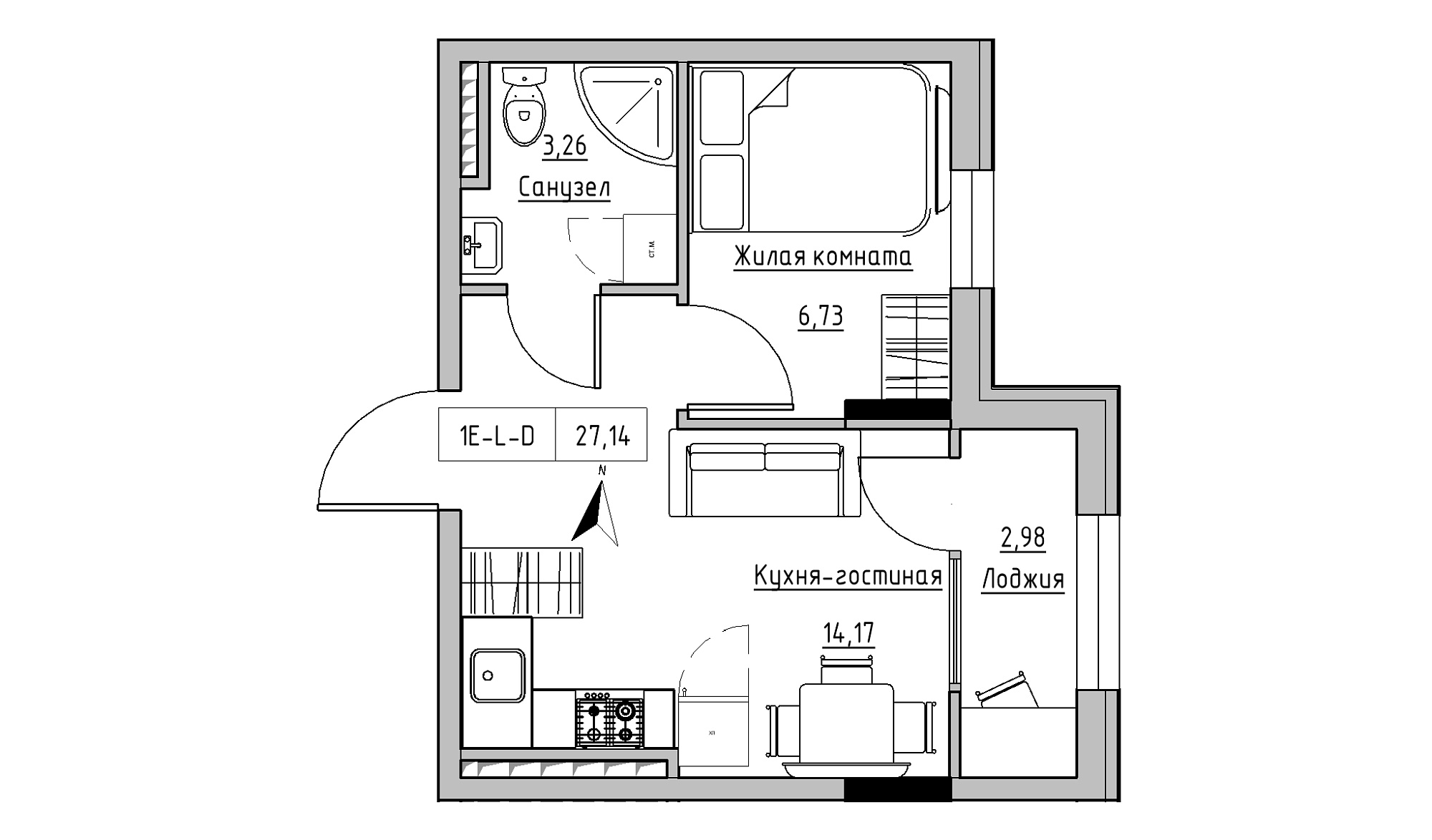 Планировка 1-к квартира площей 27.14м2, KS-025-05/0001.