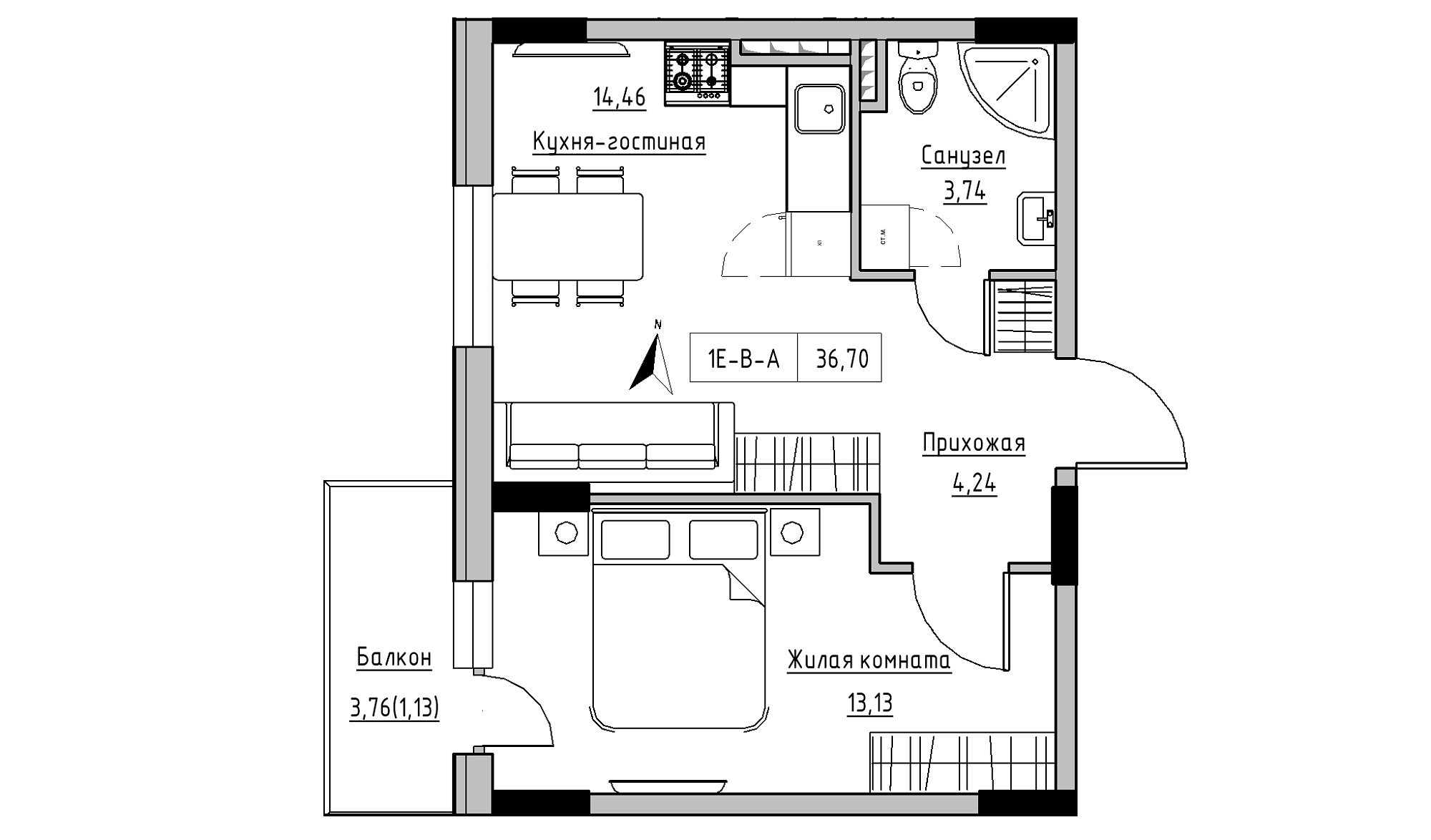 Планировка 1-к квартира площей 36.7м2, KS-025-03/0004.
