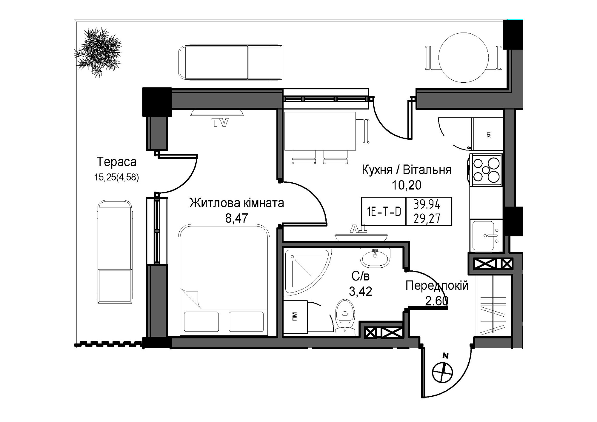 Планування 1-к квартира площею 29.27м2, UM-007-08/0002.