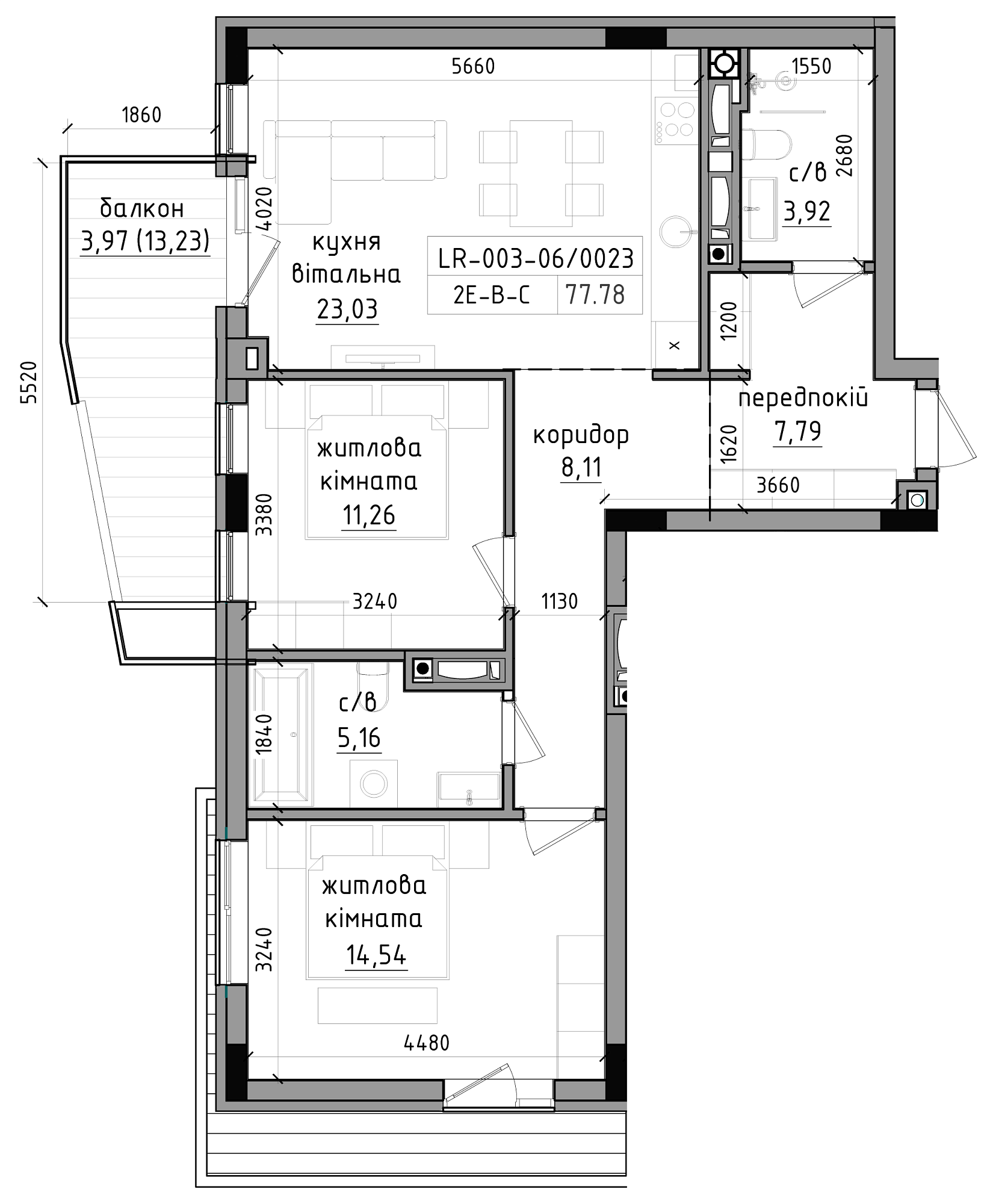 Planning 2-rm flats area 77.78m2, LR-003-06/0023.