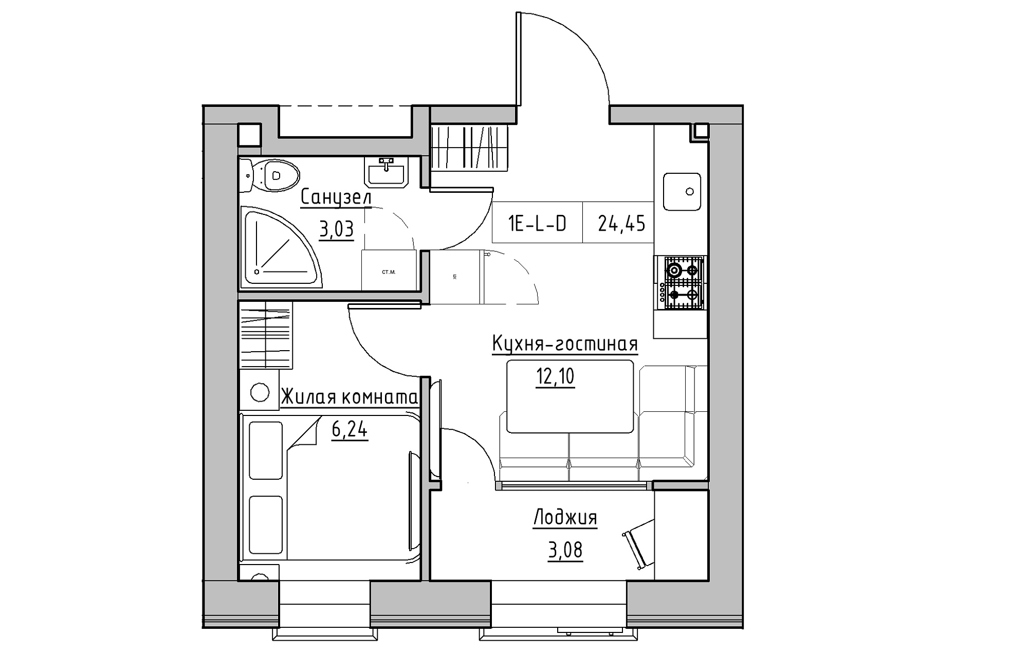 Planning 1-rm flats area 24.45m2, KS-018-01/0002.