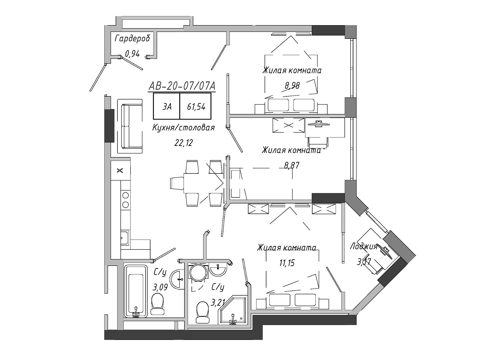 Планировка 3-к квартира площей 62.67м2, AB-20-07/0007а.