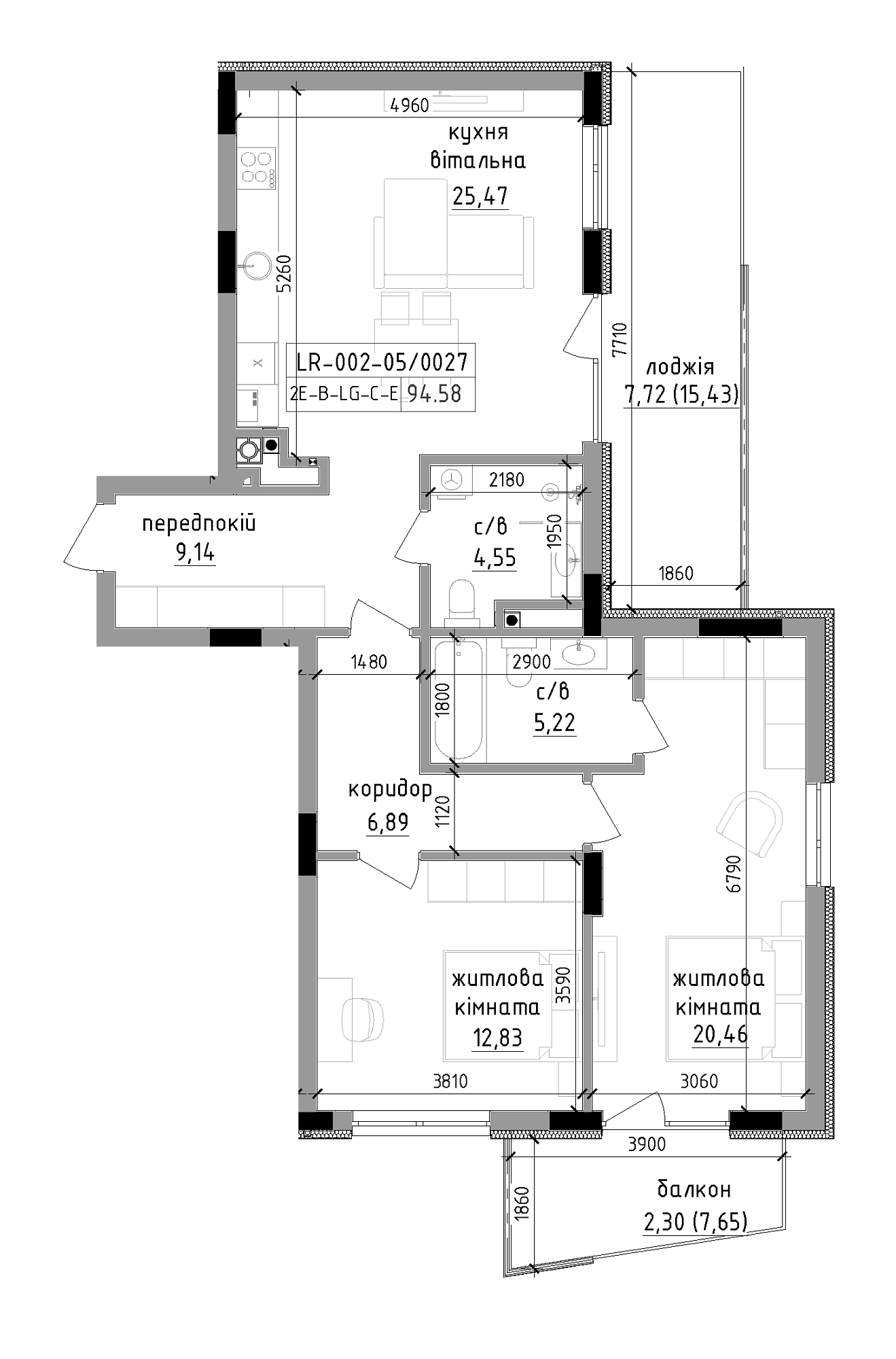 Planning 2-rm flats area 94.58m2, LR-002-05/0027.