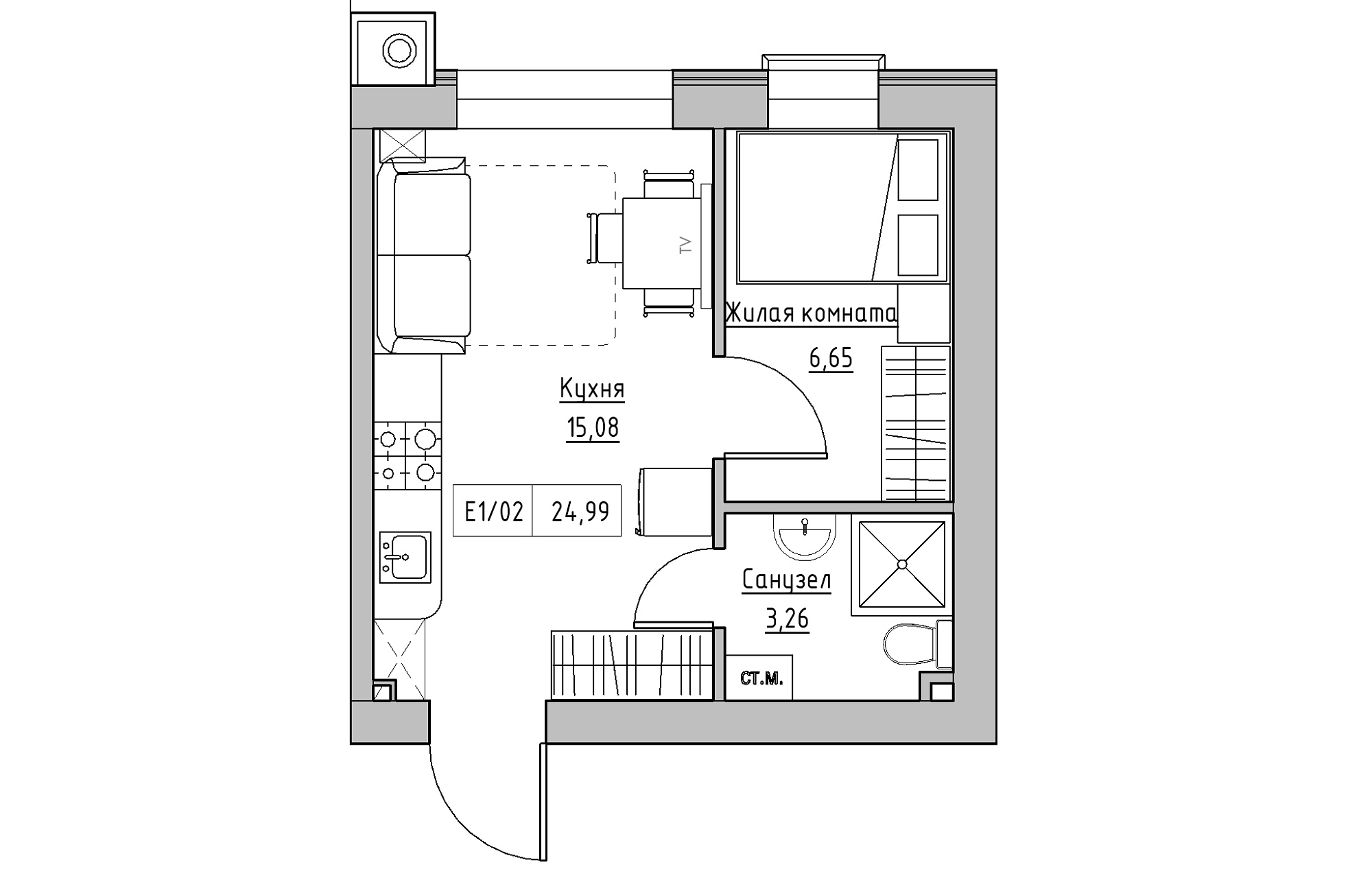 Планування 1-к квартира площею 24.99м2, KS-013-04/0010.