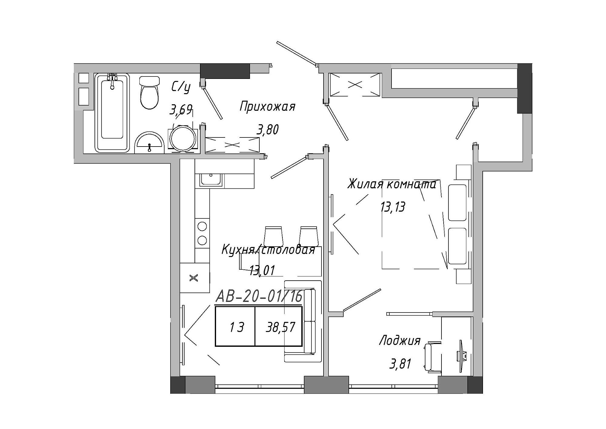 Планировка 1-к квартира площей 38.57м2, AB-20-01/00016.
