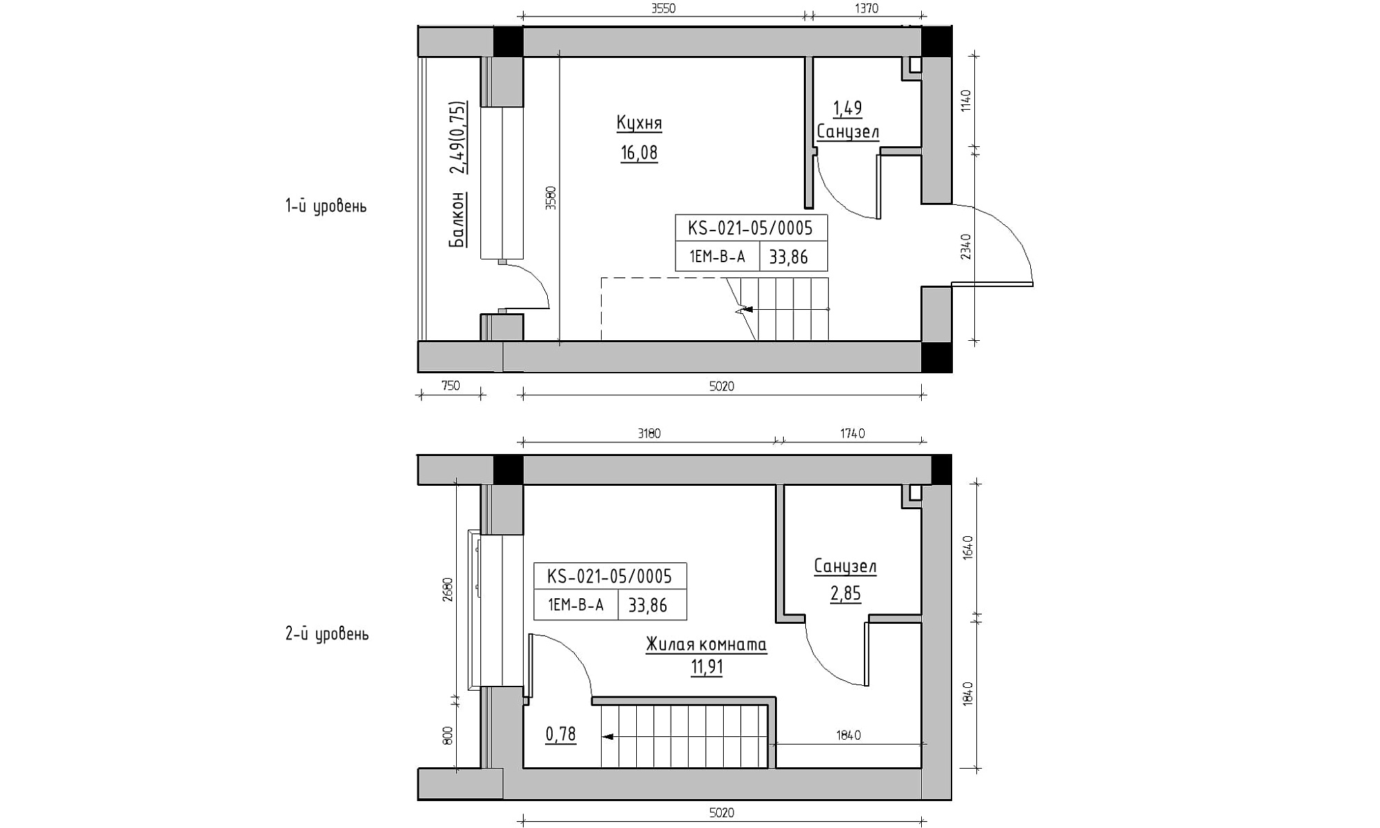 Planning 2-lvl flats area 33.86m2, KS-021-05/0005.