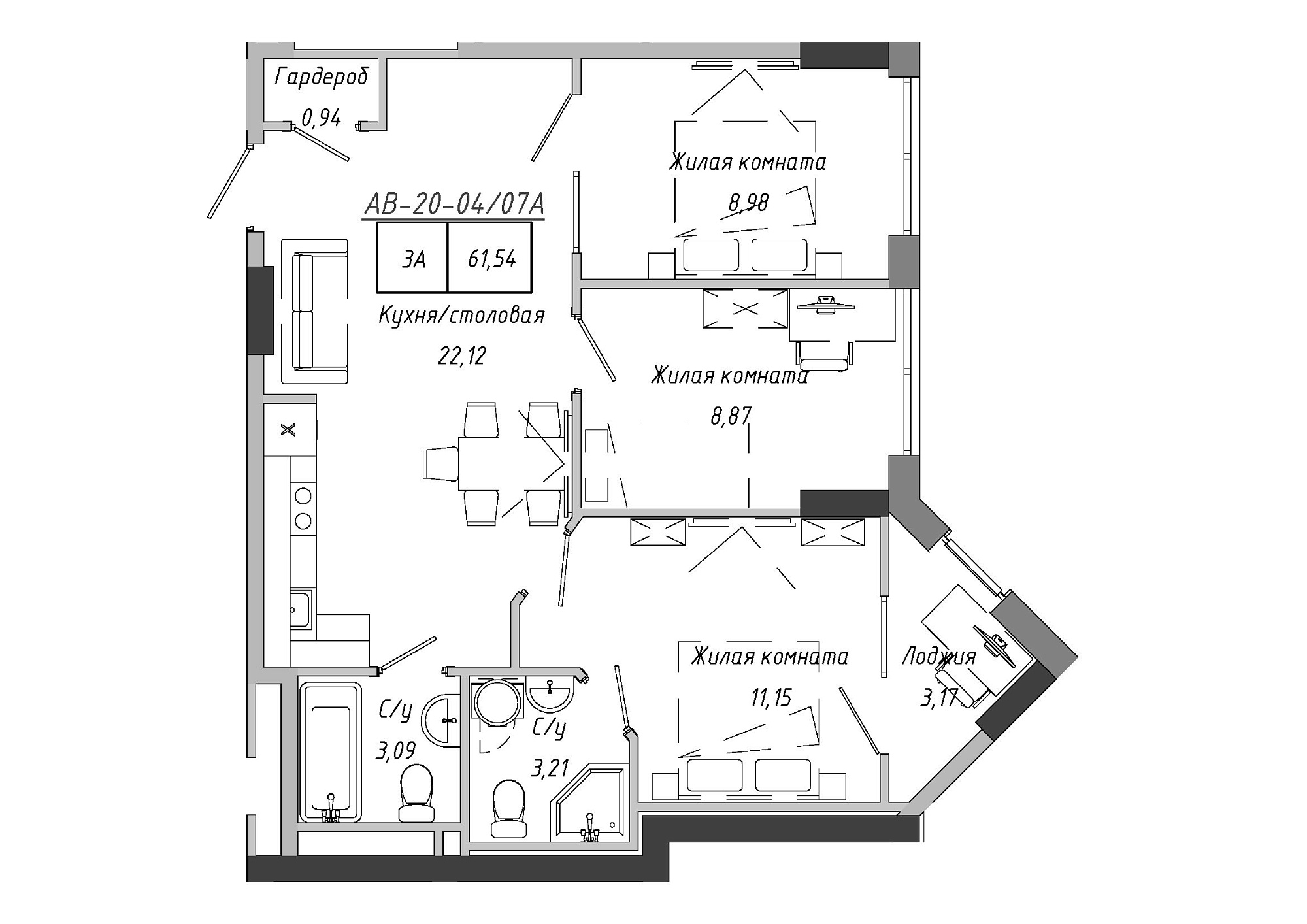 Планування 3-к квартира площею 61.54м2, AB-20-04/0007а.