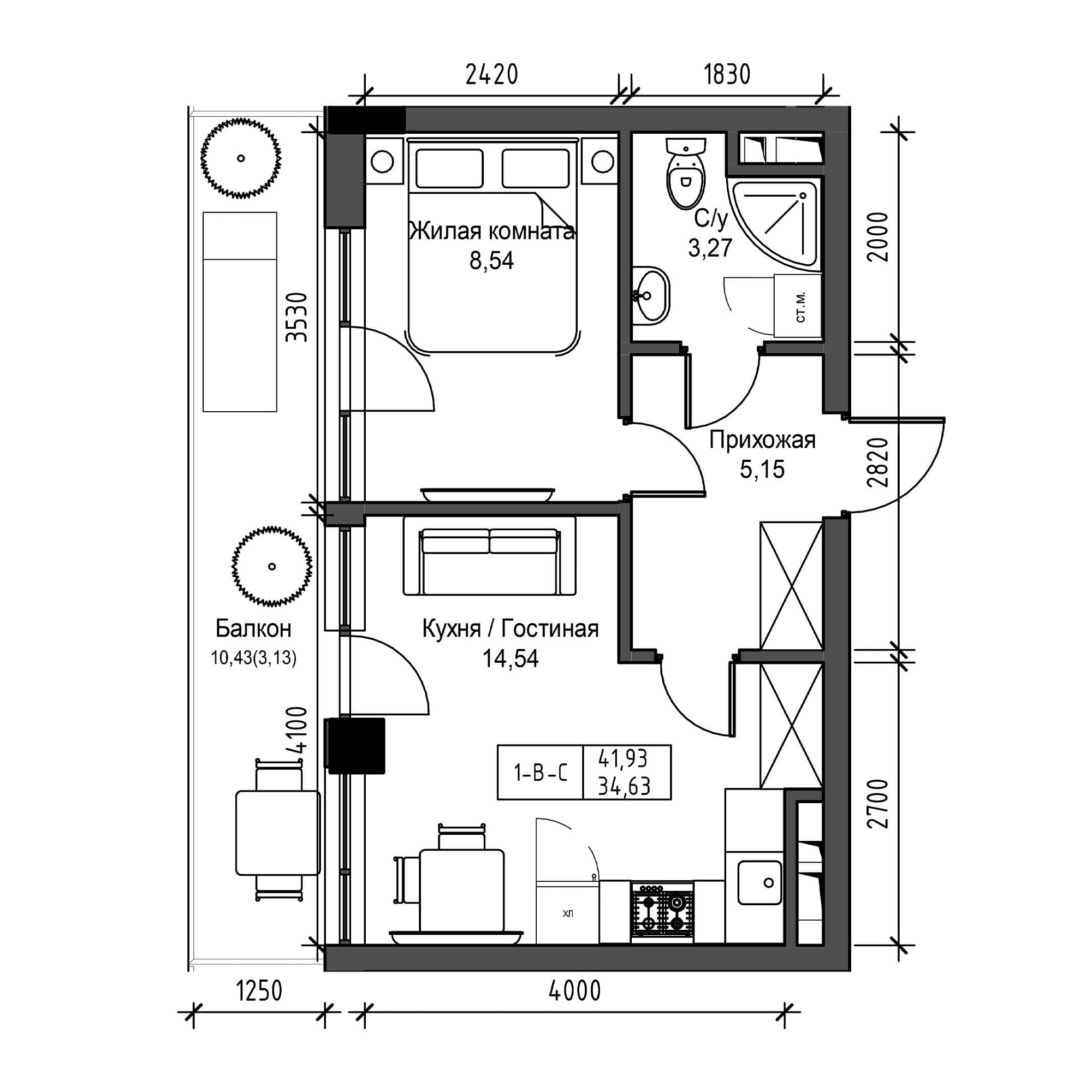 Планування 1-к квартира площею 34.63м2, UM-001-04/0012.