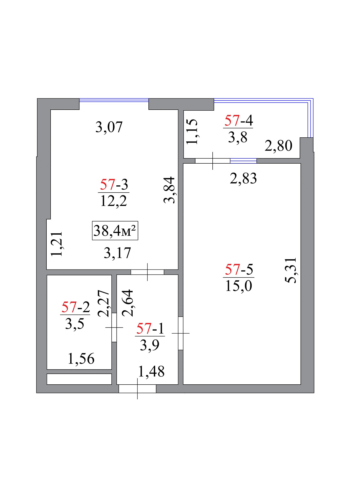 Планировка 1-к квартира площей 38.4м2, AB-07-06/0052а.