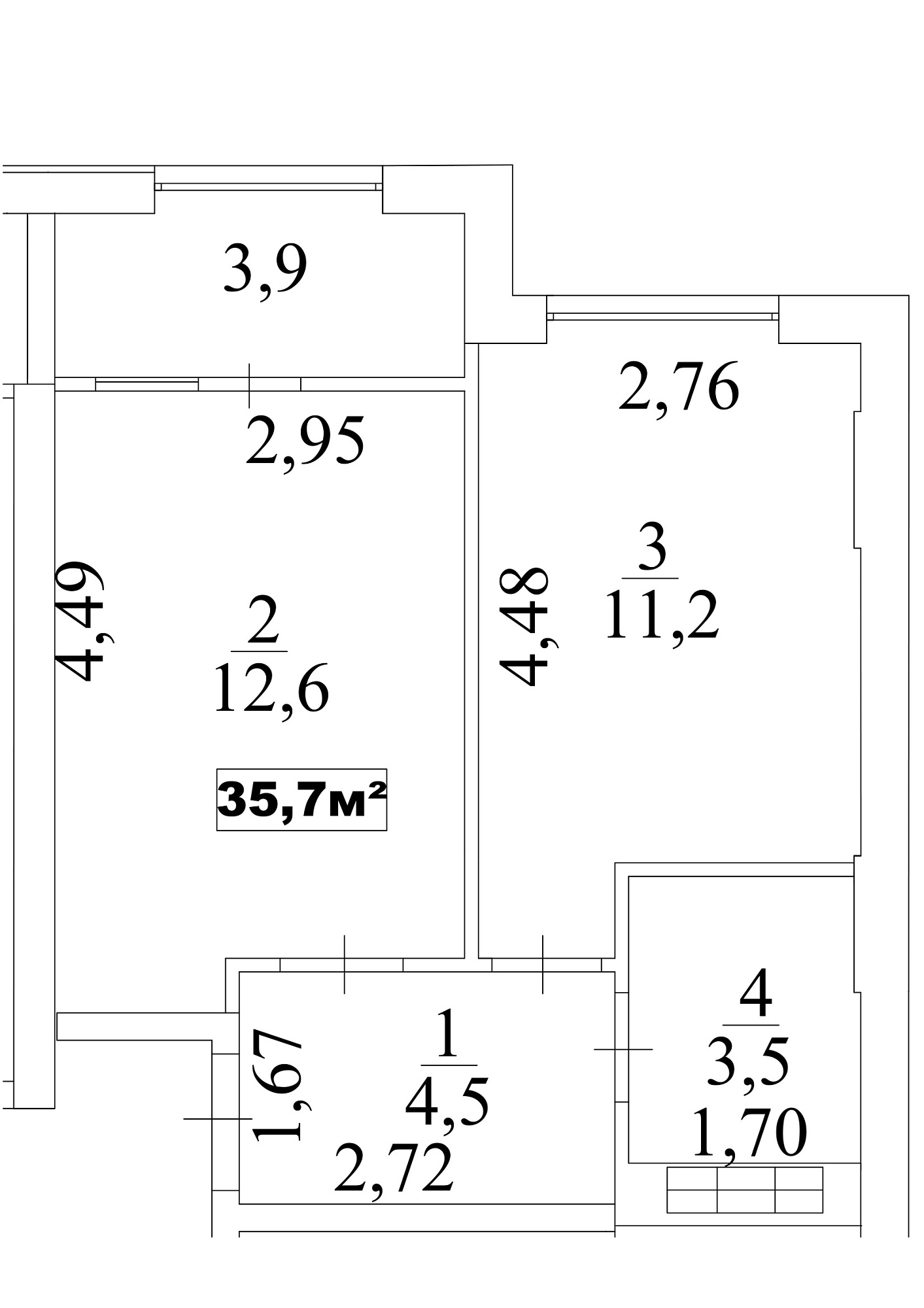 Планировка 1-к квартира площей 35.7м2, AB-10-10/0088б.