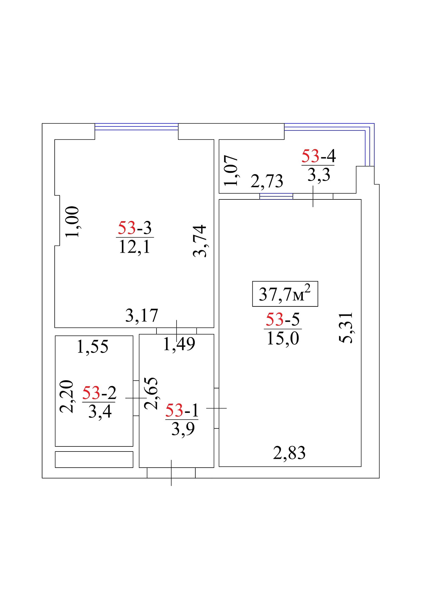Планування 1-к квартира площею 37.7м2, AB-01-06/0051а.
