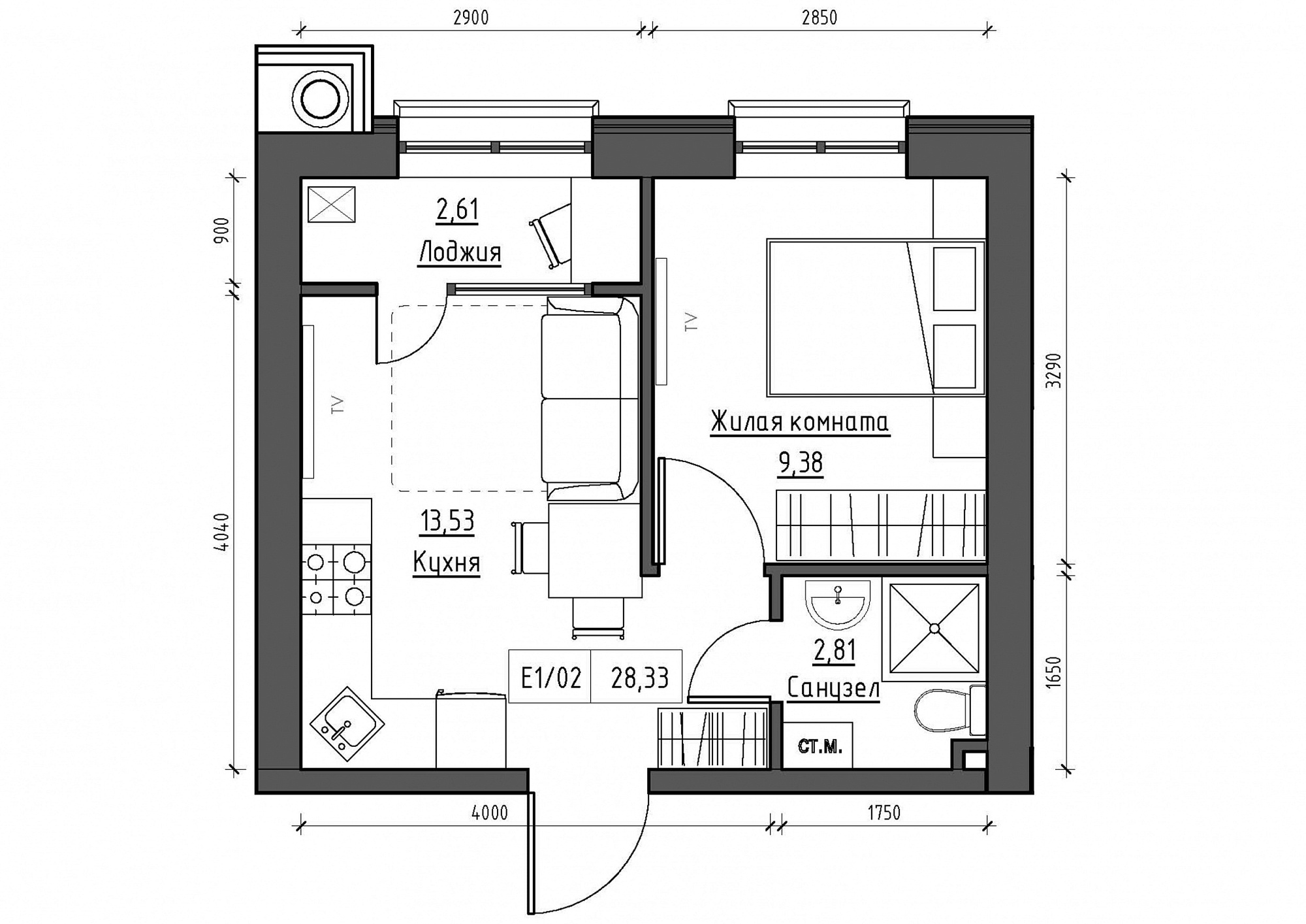 Планировка 1-к квартира площей 28.33м2, KS-011-02/0015.