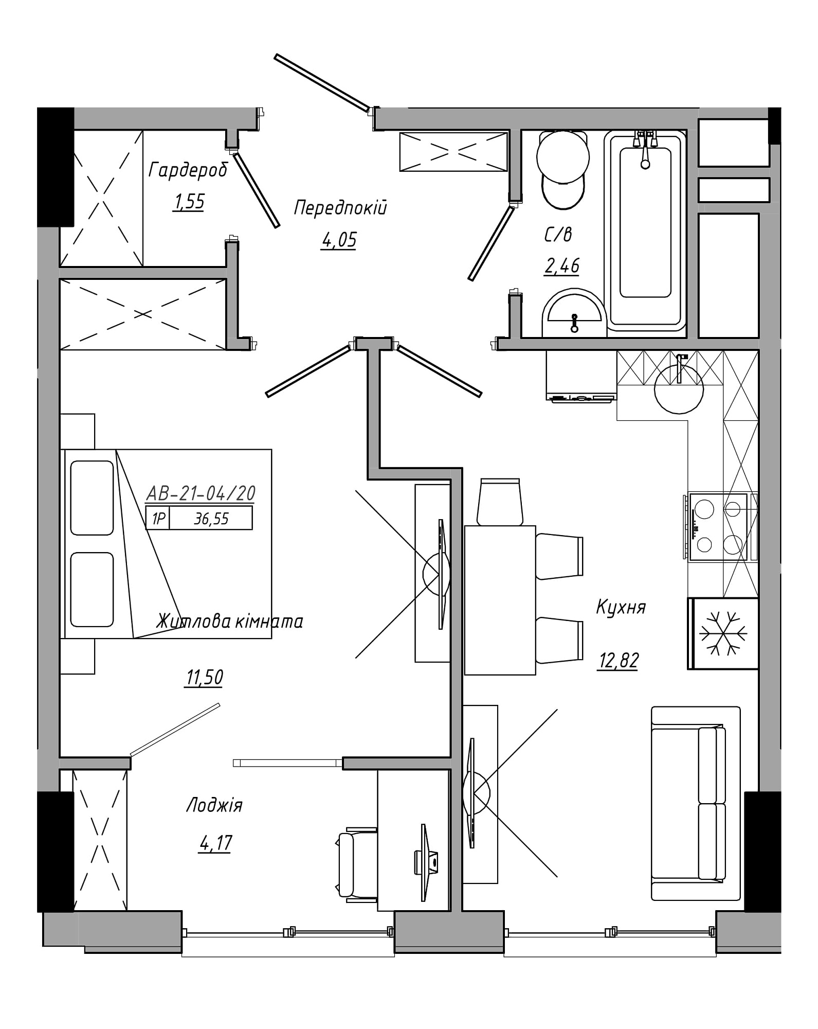 Планування 1-к квартира площею 36.55м2, AB-21-04/00020.