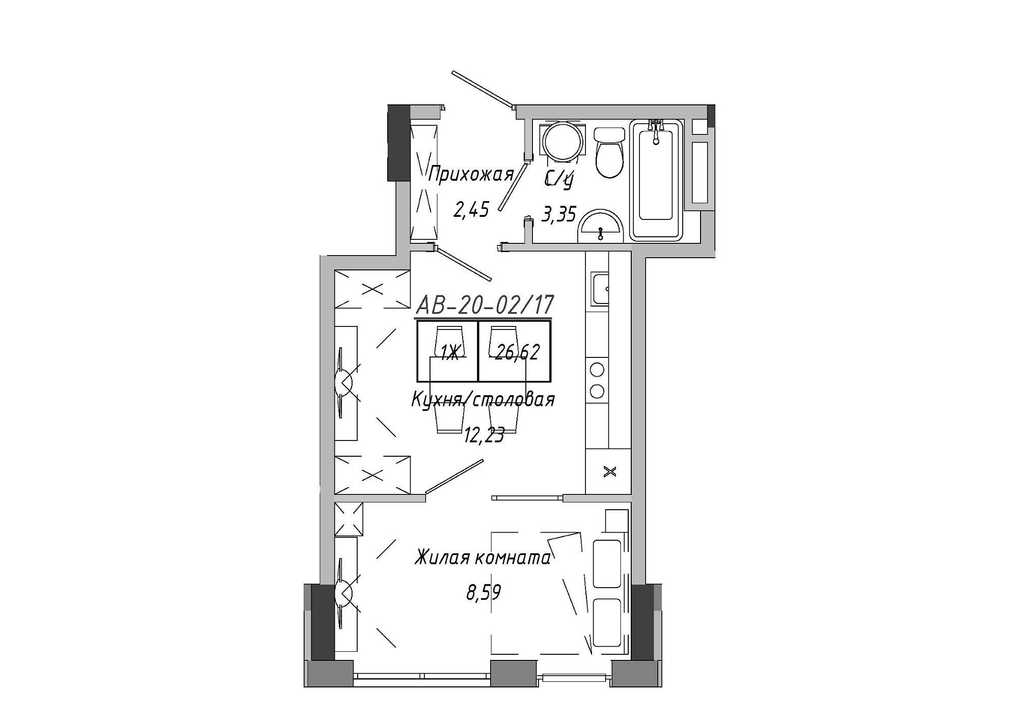 Планування 1-к квартира площею 26.98м2, AB-20-02/00017.