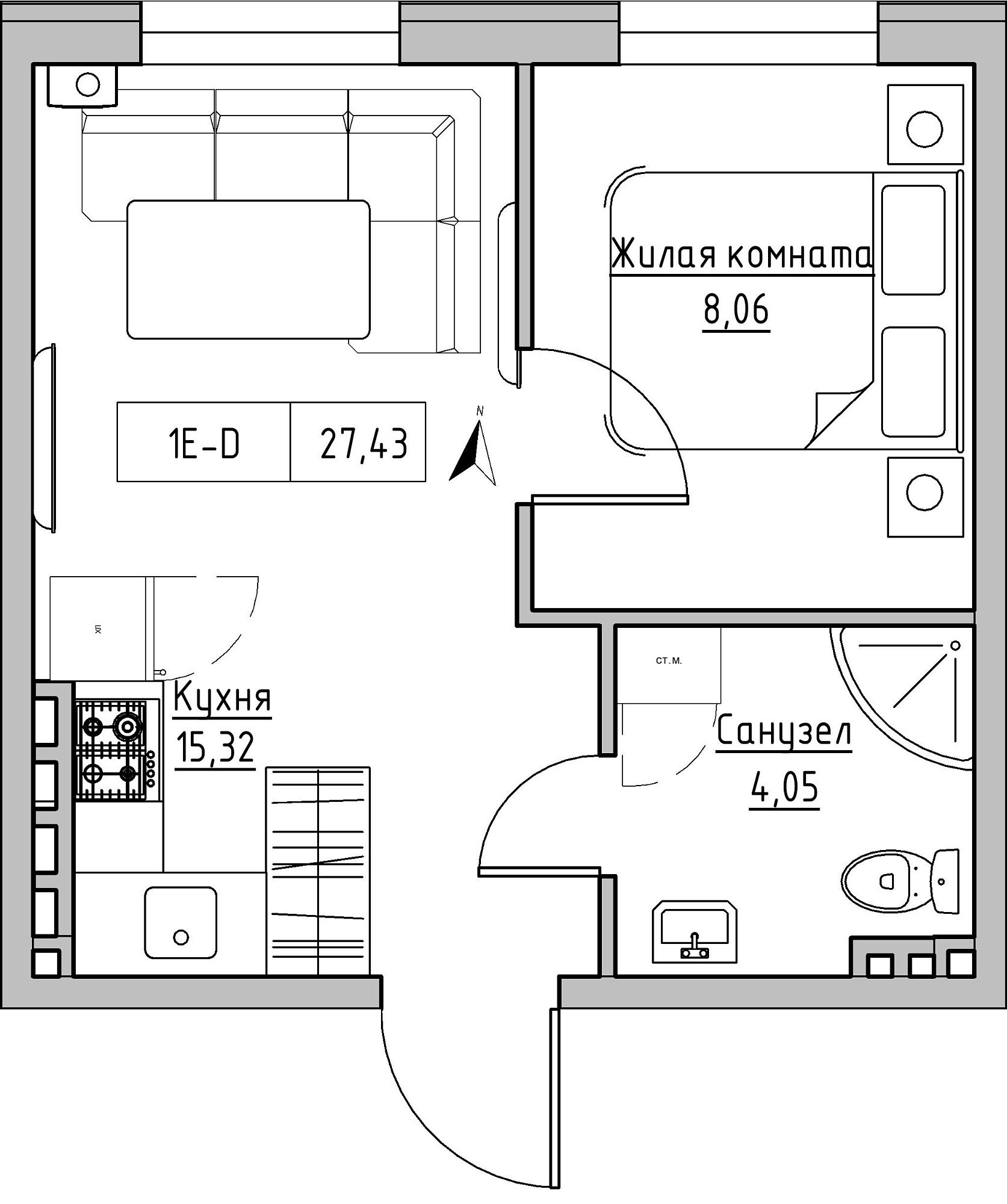 Planning 1-rm flats area 27.43m2, KS-024-04/0002.