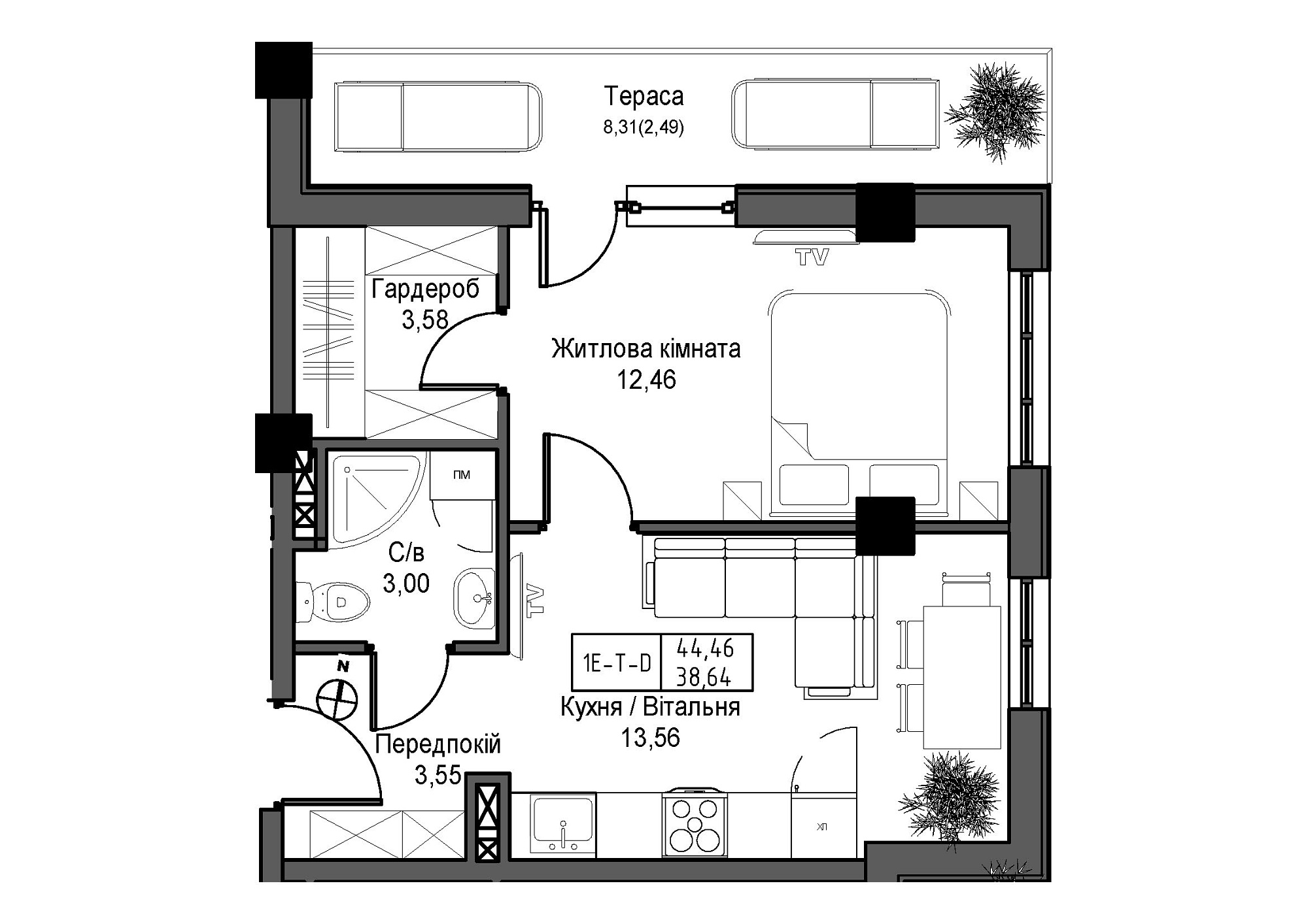 Планування 1-к квартира площею 38.64м2, UM-007-12/0003.