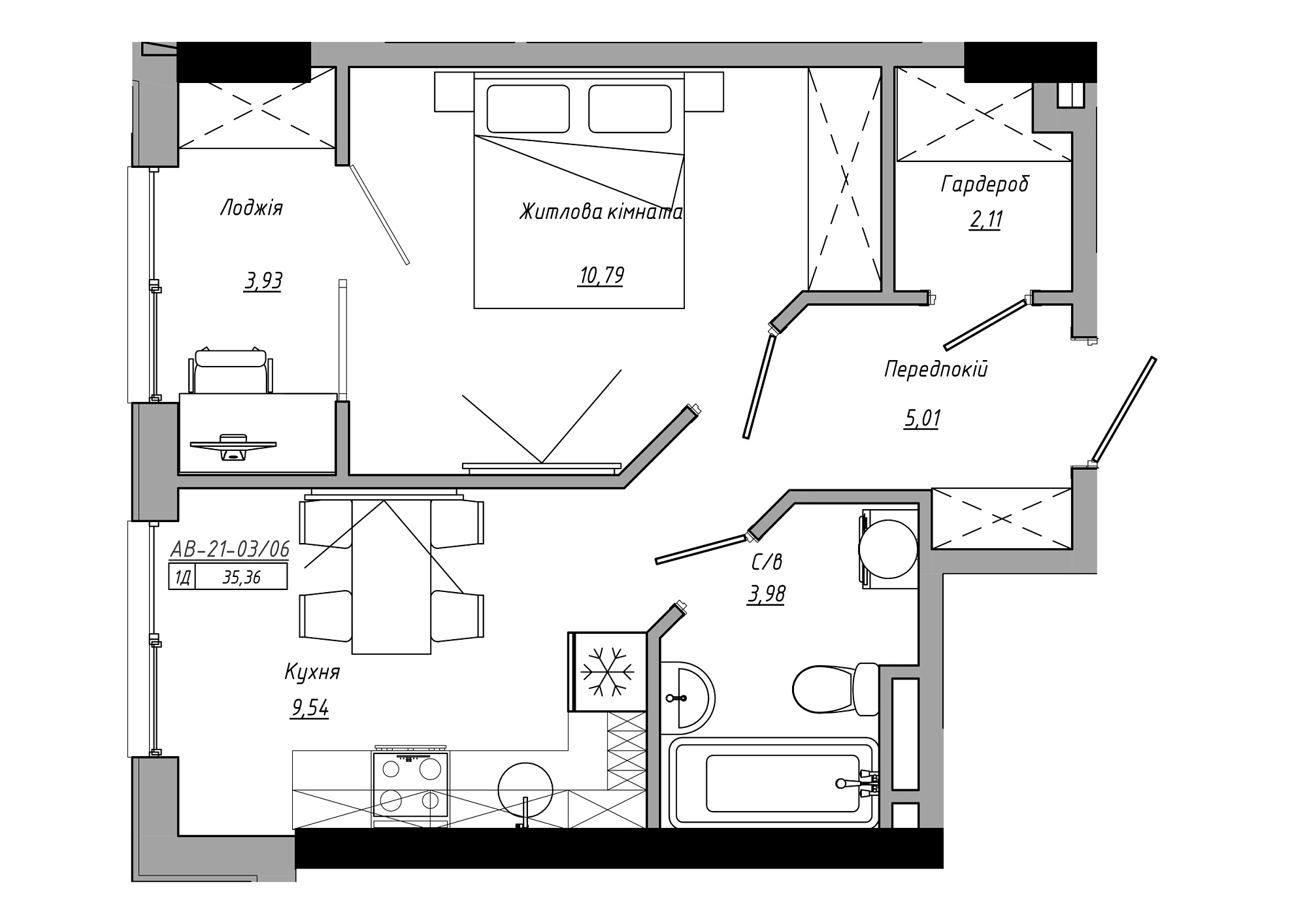 Планировка 1-к квартира площей 35.36м2, AB-21-03/00006.