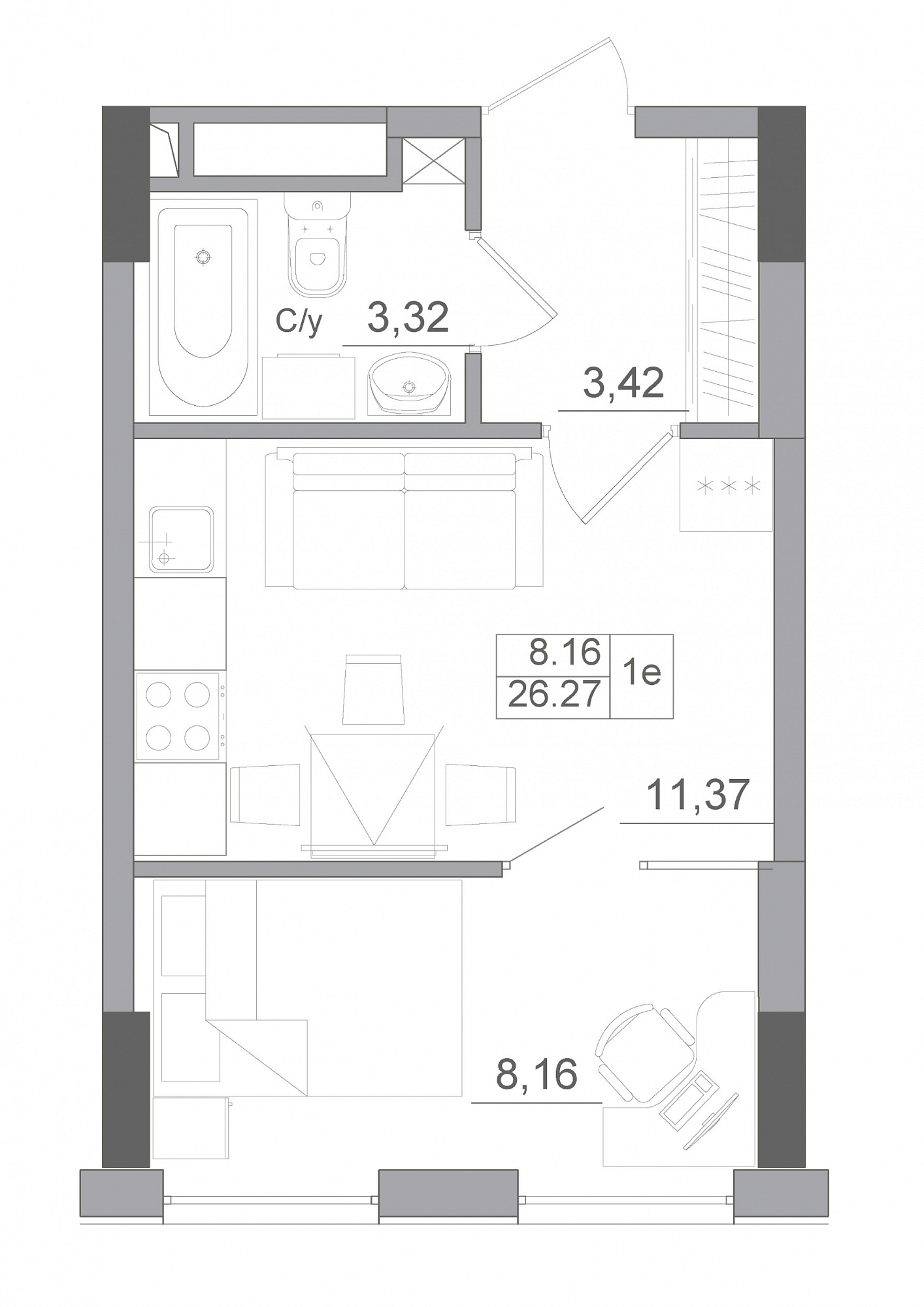 Планировка 1-к квартира площей 26.27м2, AB-22-08/00009.