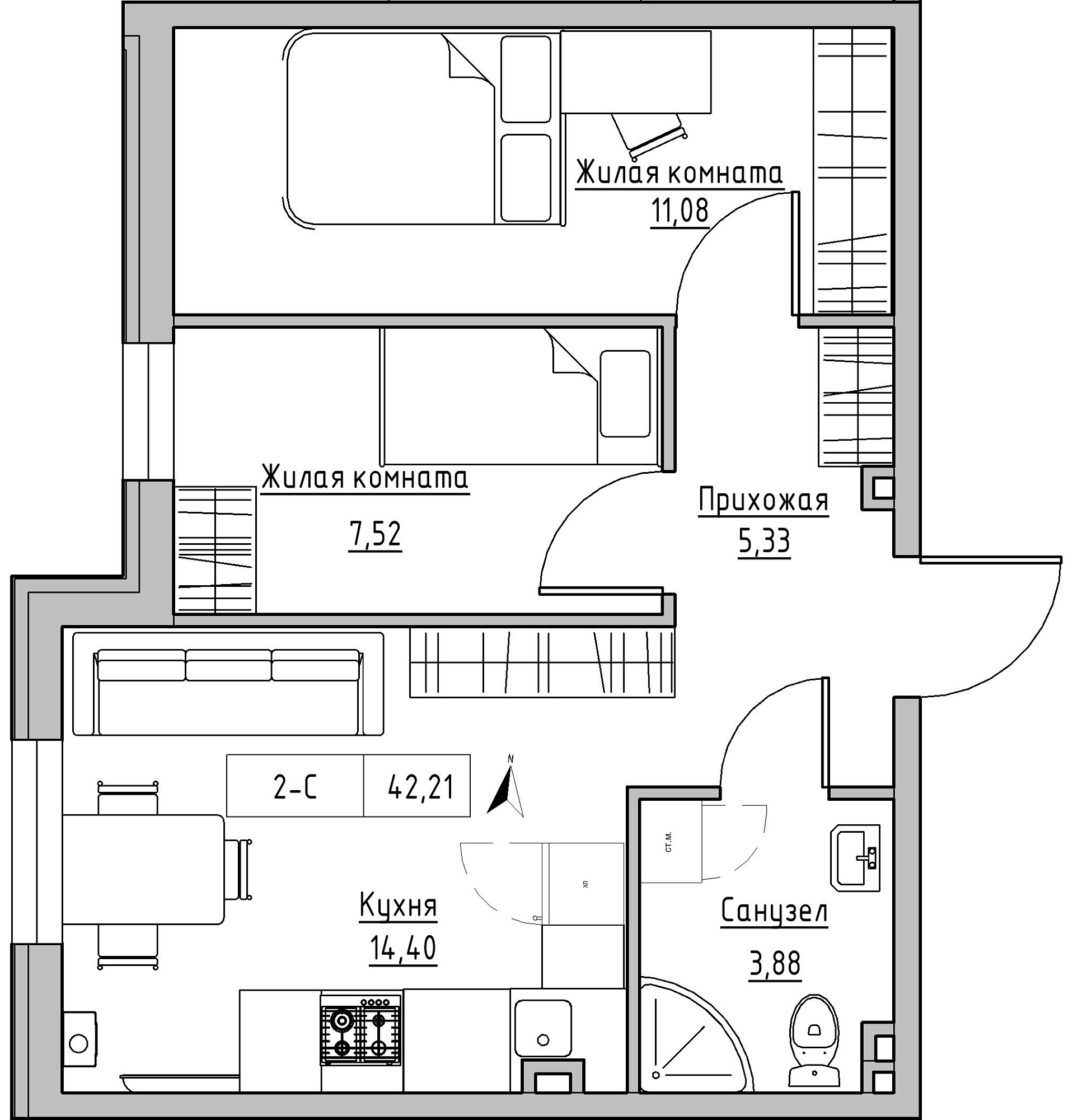 Планировка 2-к квартира площей 42.21м2, KS-024-01/0010.