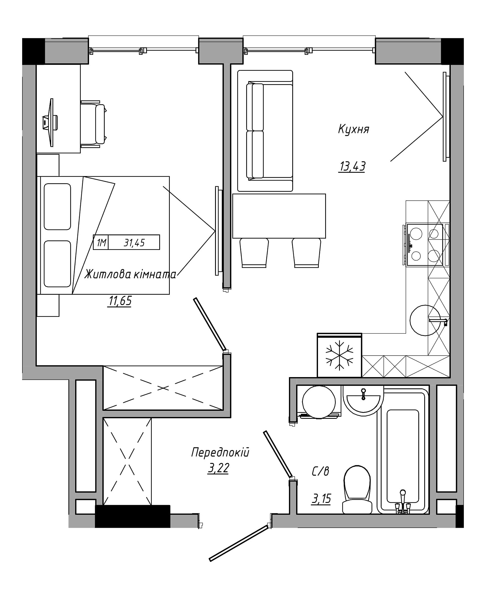 Планування 1-к квартира площею 31.45м2, AB-21-12/00015.