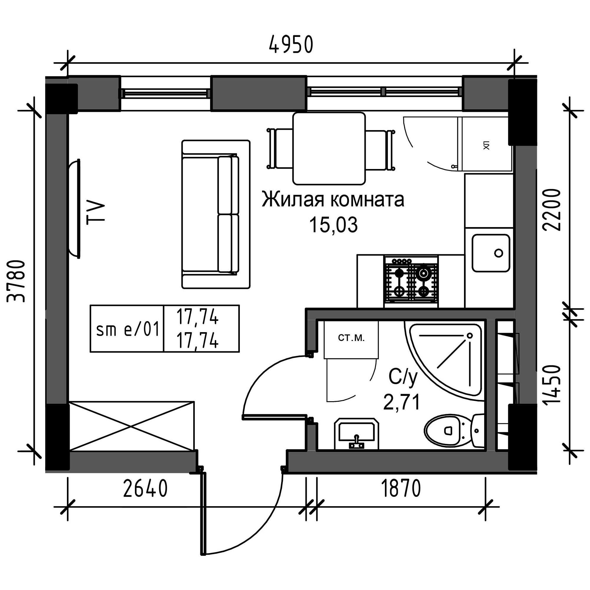 Планування Smart-квартира площею 17.74м2, UM-003-05/0048.