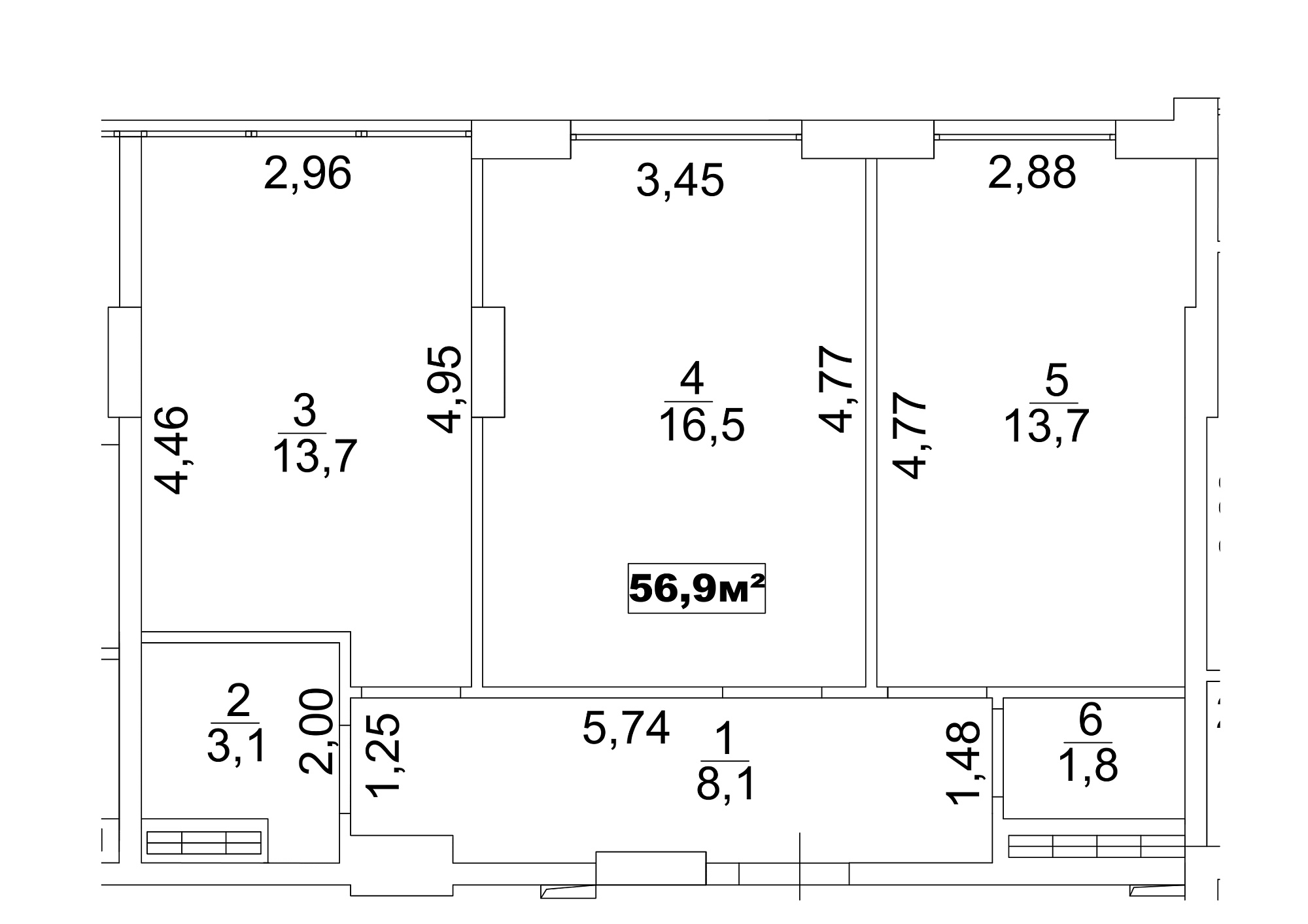 Планировка 2-к квартира площей 56.9м2, AB-13-04/00028.