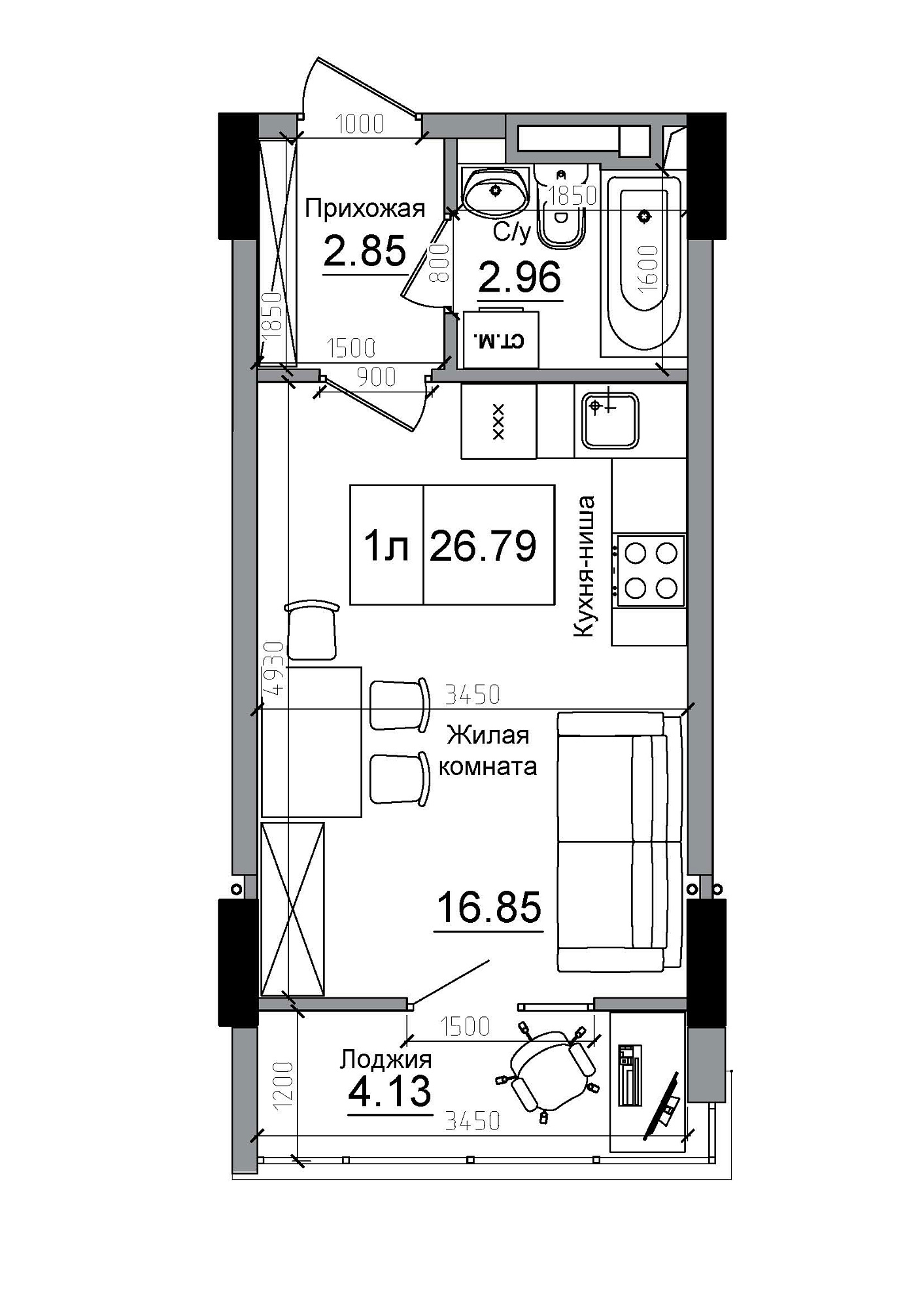 Планировка Smart-квартира площей 26.79м2, AB-12-09/00014.