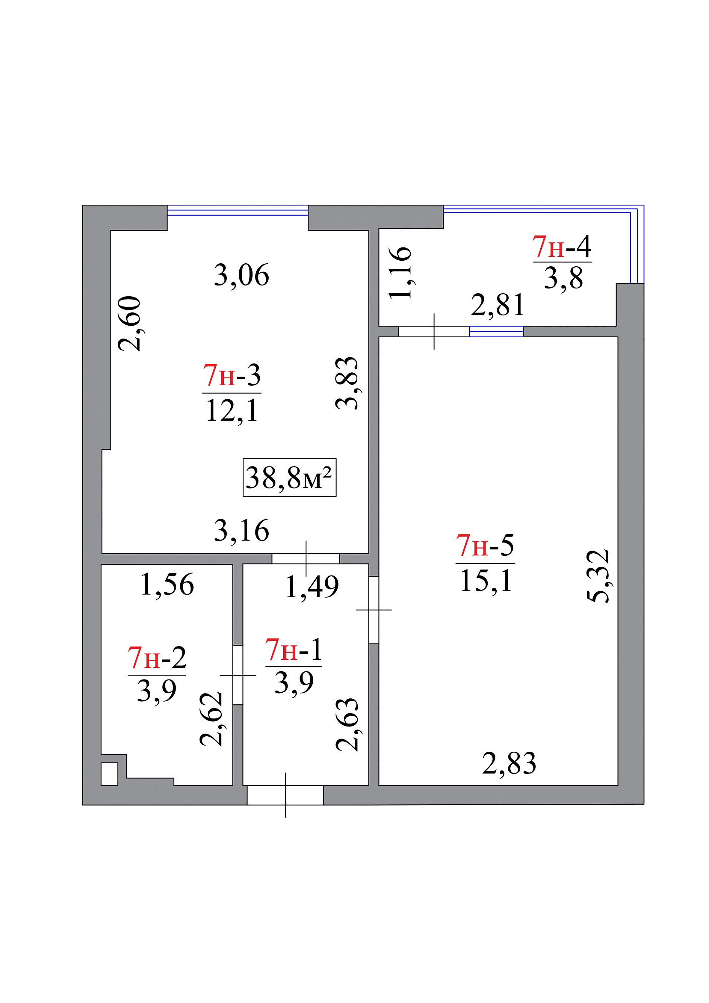 Planning 1-rm flats area 38.8m2, AB-07-01/0007а.