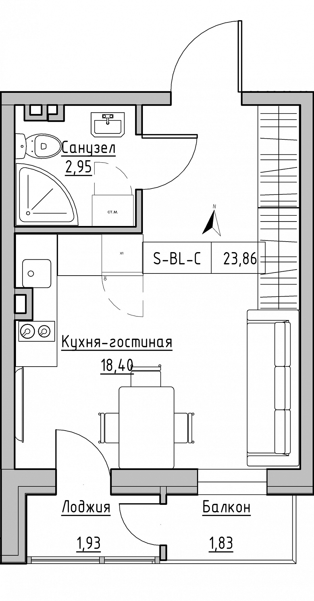 Планування Smart-квартира площею 23.86м2, KS-024-03/0005.